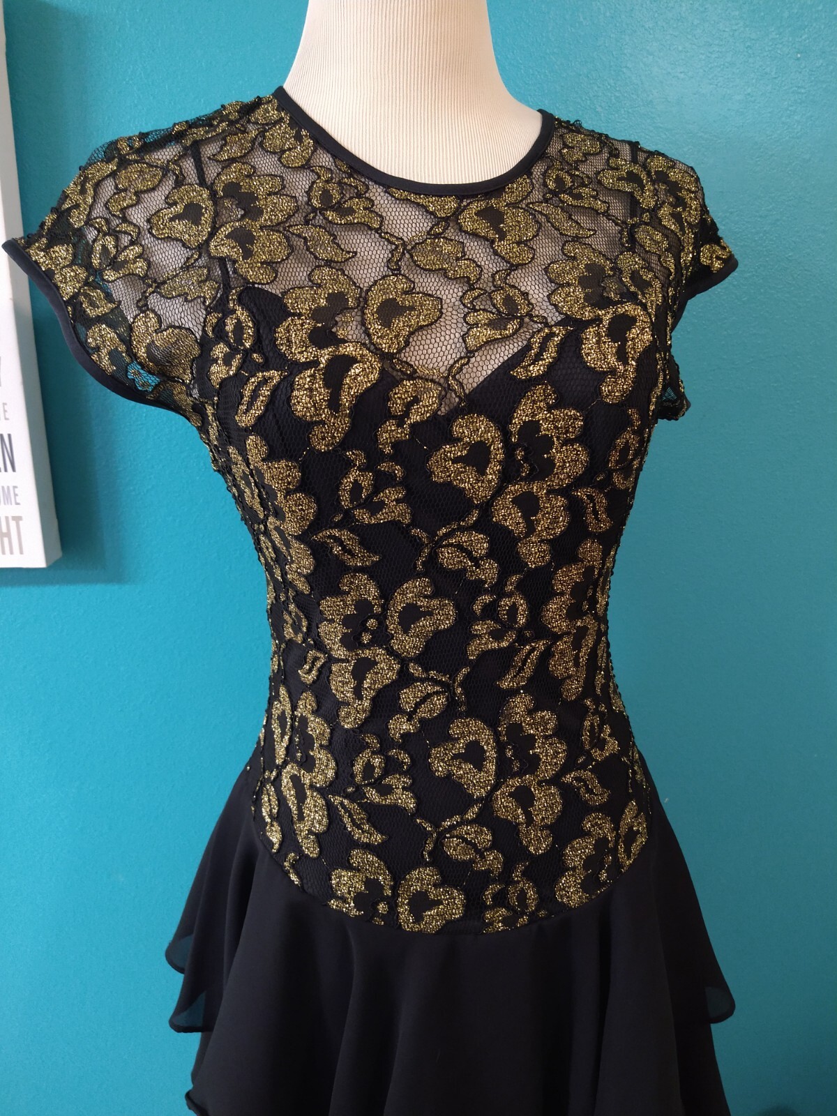 VINTAGE Tiered Party Dress Sheer Gold and Black Lace Floral Late Edition Ltd.