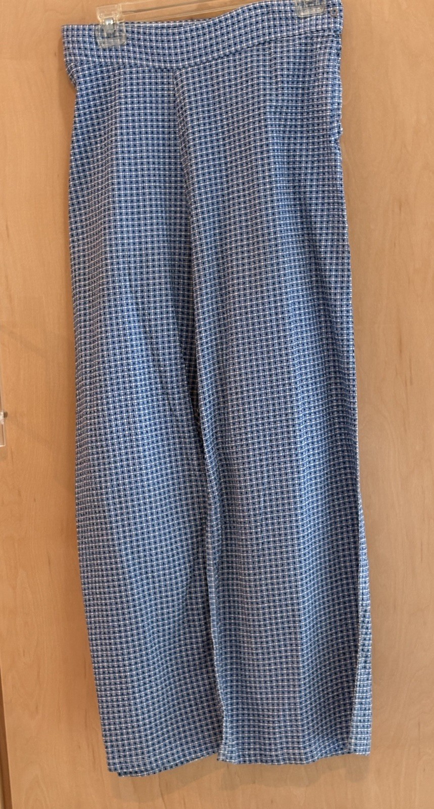 VTG Unisex 40s Era Side Snap Wide Leg Pajama Pants Blue Seersucker Cotton Check