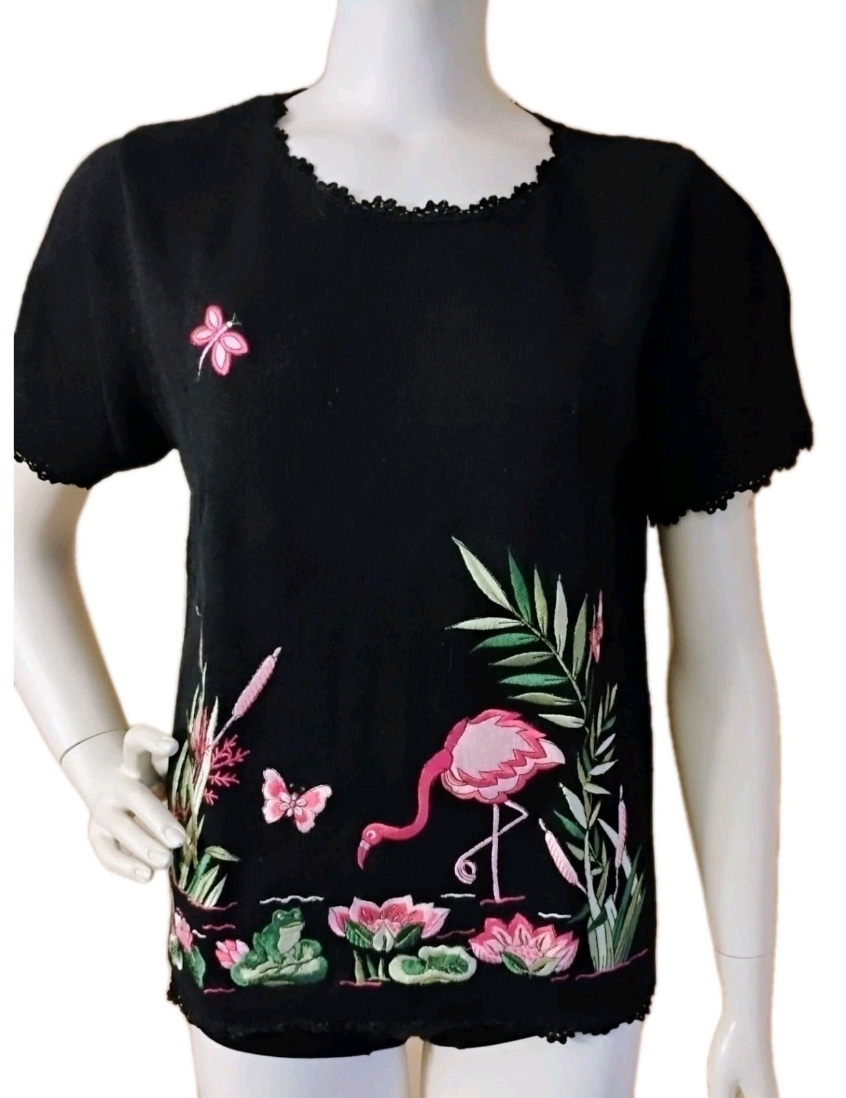 VTG 80’s Coastal Grandma’s „Jenny” Black with Embroidered Flamingo 🦩 & Frog M