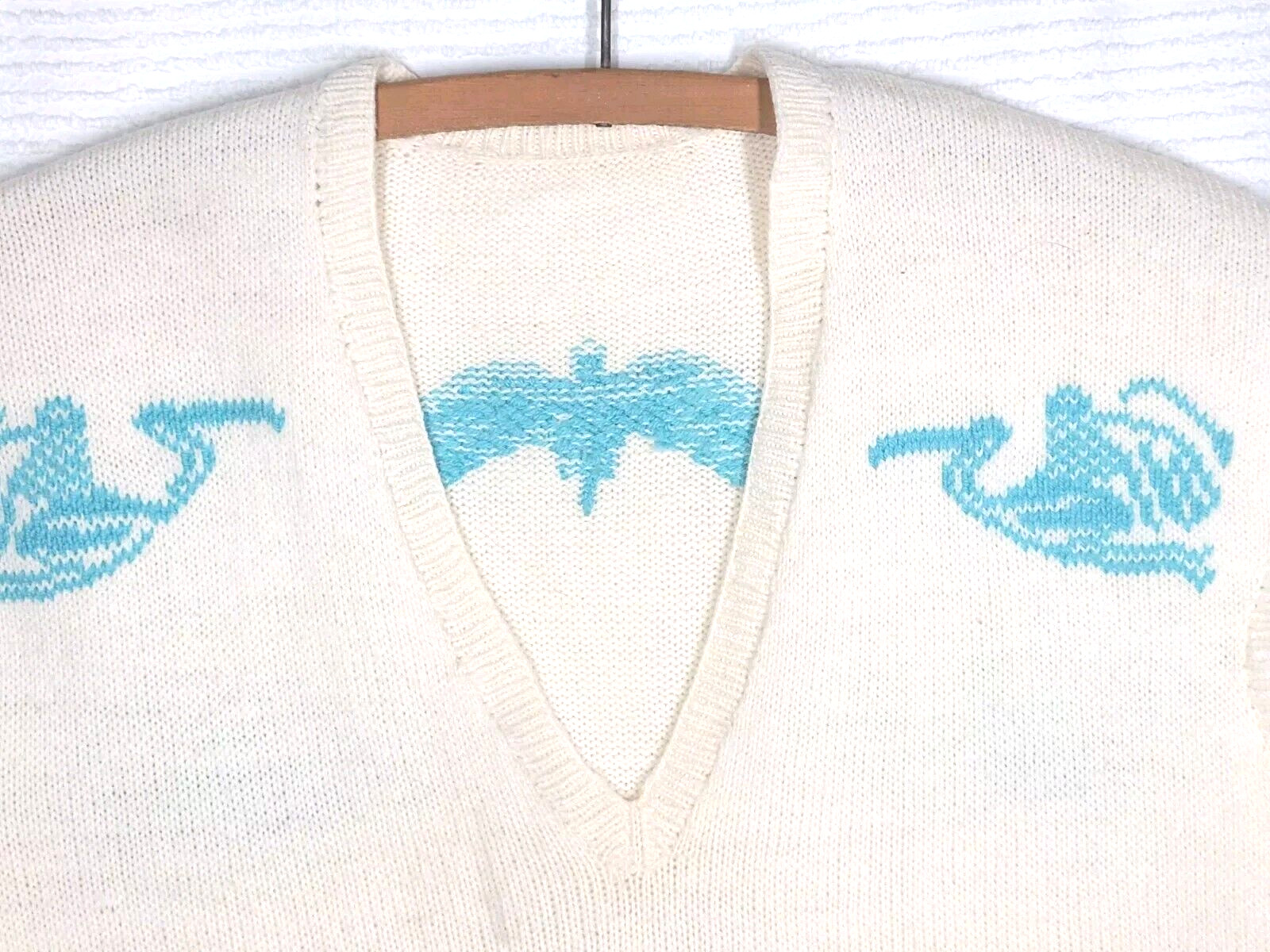 Vtg 50s Wool Hand Knit Top Intarsia Birds Stork Ivory Blue S M Retro Pinup Ooak