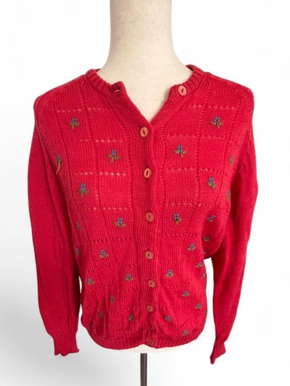 90s Vintage Embroidered Virgin Wool Floral Cardigan Red Large Cottage Grandma