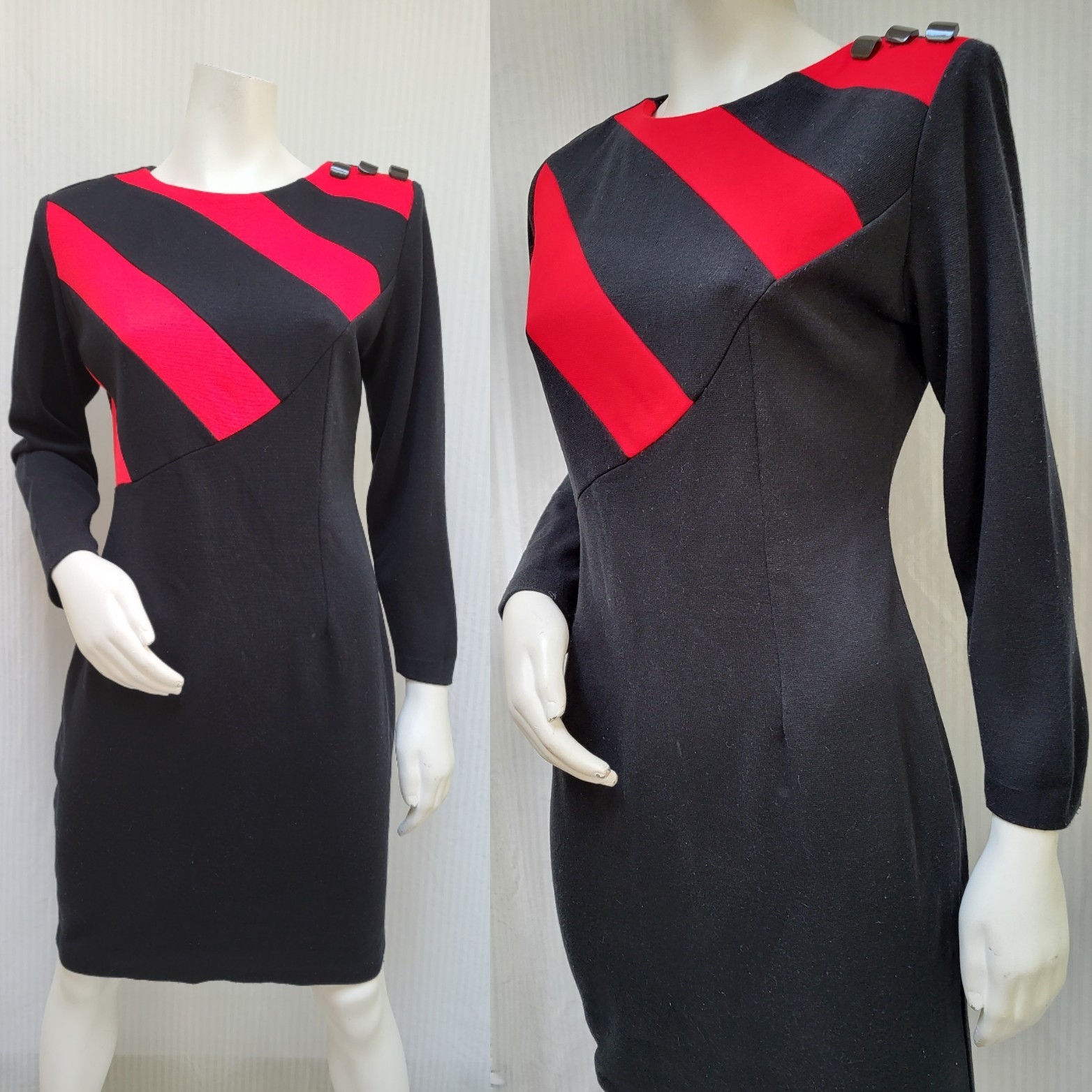 Vintage 1980’s DAWN JOY Black Red Knit Bodycon DRESS – Size L – EUC