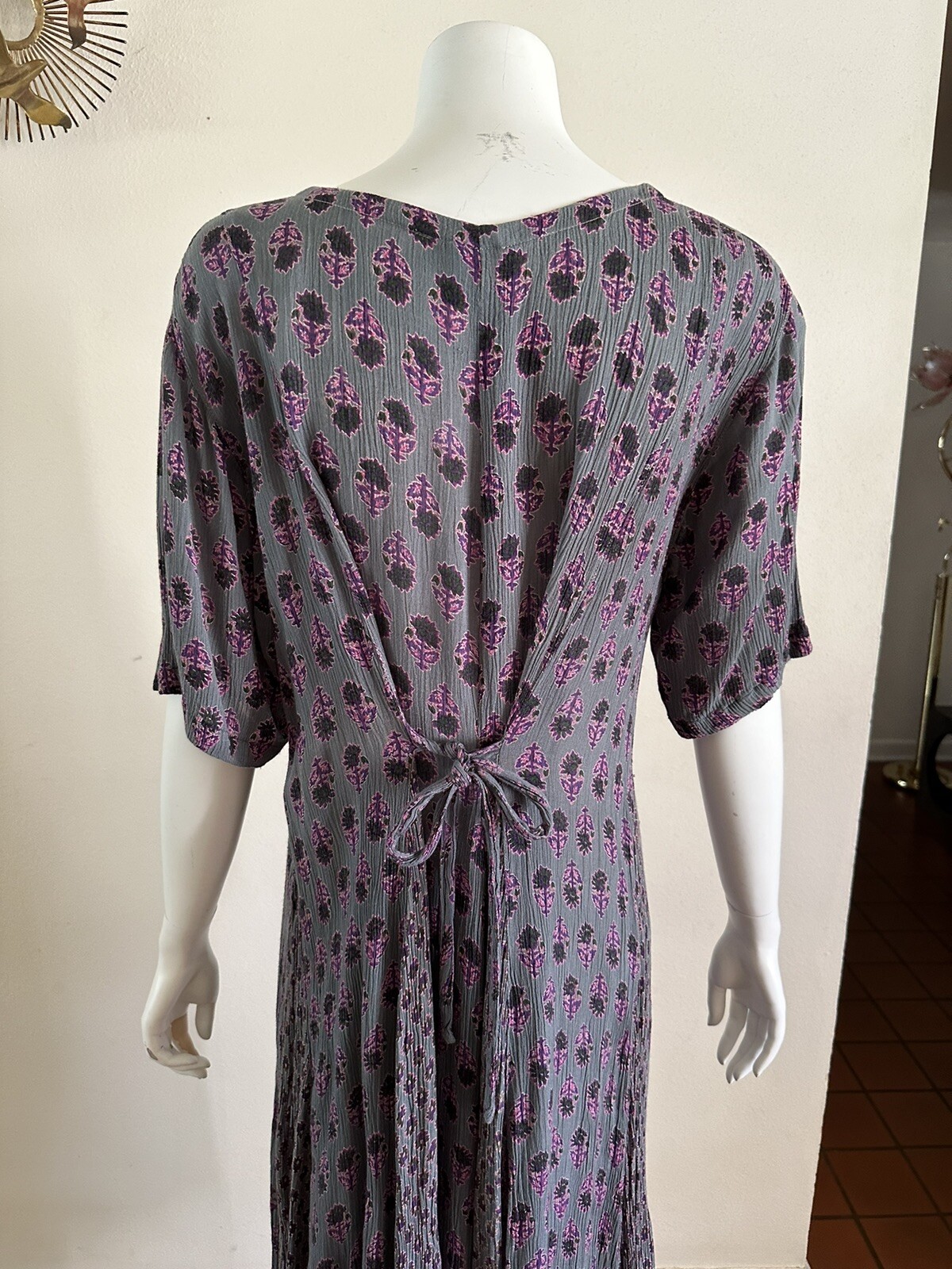 1990s Indian Block Print Rayon Gauze Tie Back Dress Grunge Floral Punk M 90s VTG