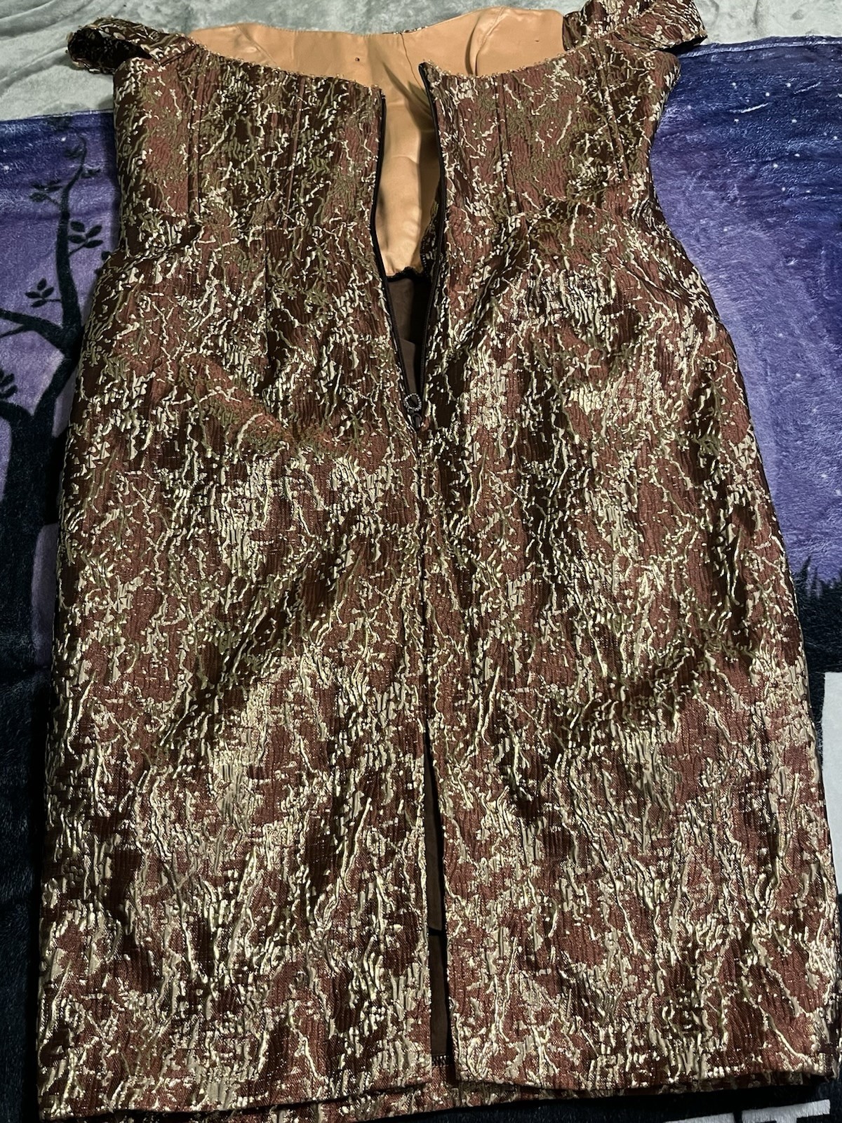 Vintage Metallic Brocade Beaded Cocktail Dress Brown & Gold