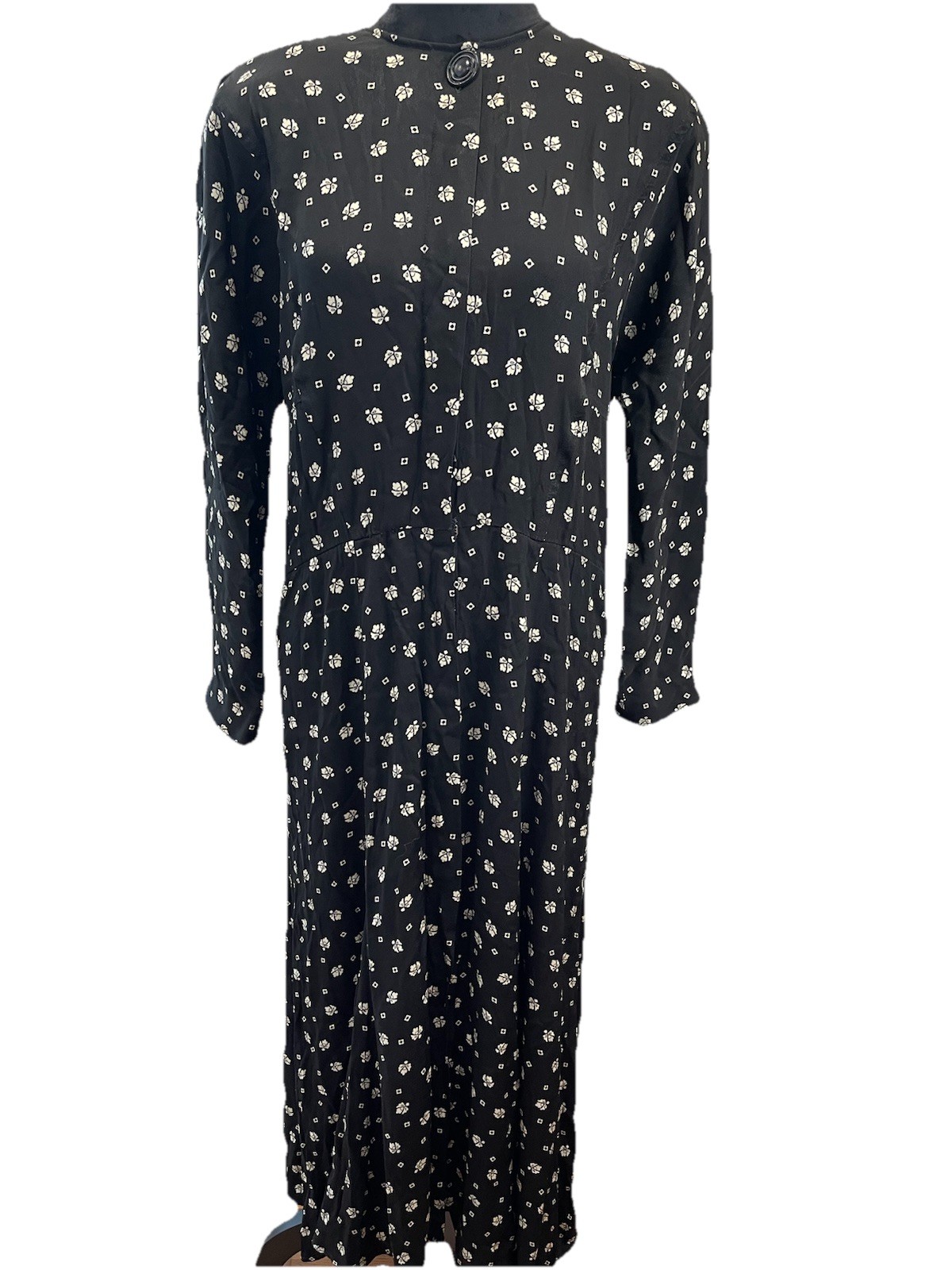 Leslie Fay 100% Rayon 1970s Ladies Dress Size 8 VTG Black Beige Floral City Wear