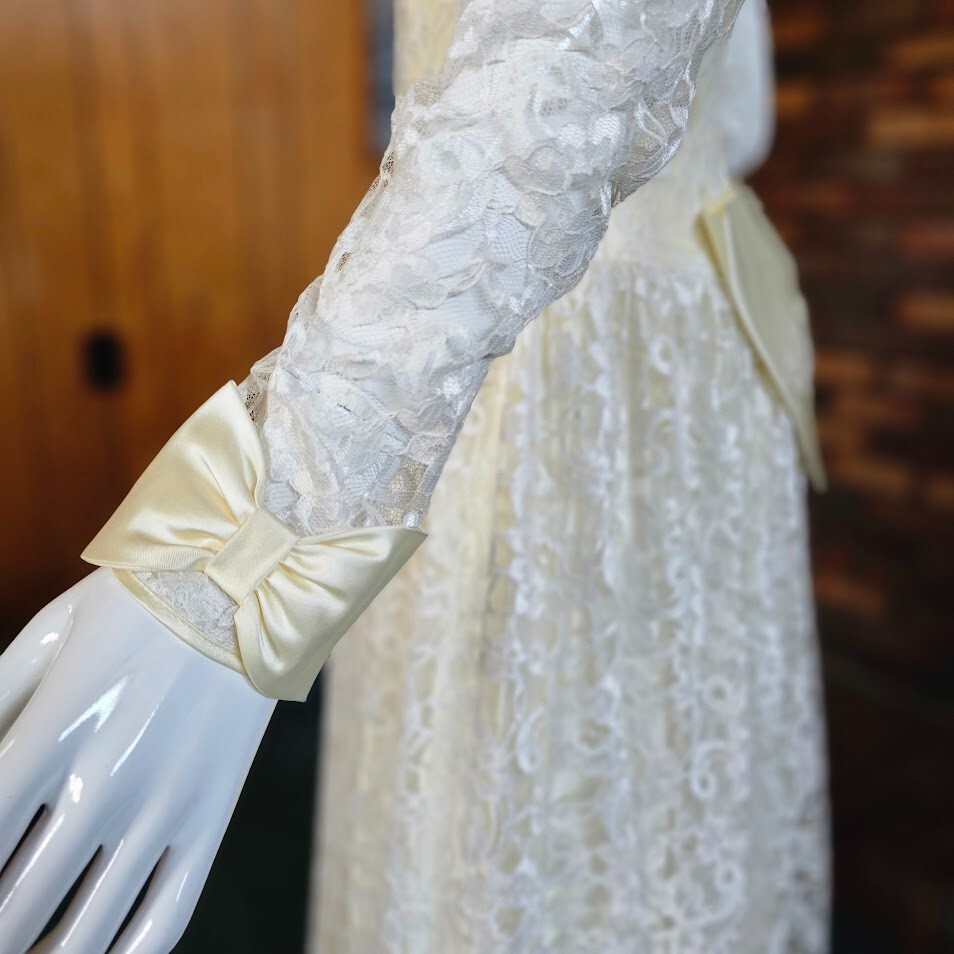 Vtg 80s Victorian Lace Alfred Angelo Illusion White Wedding Puff Dress Gown S