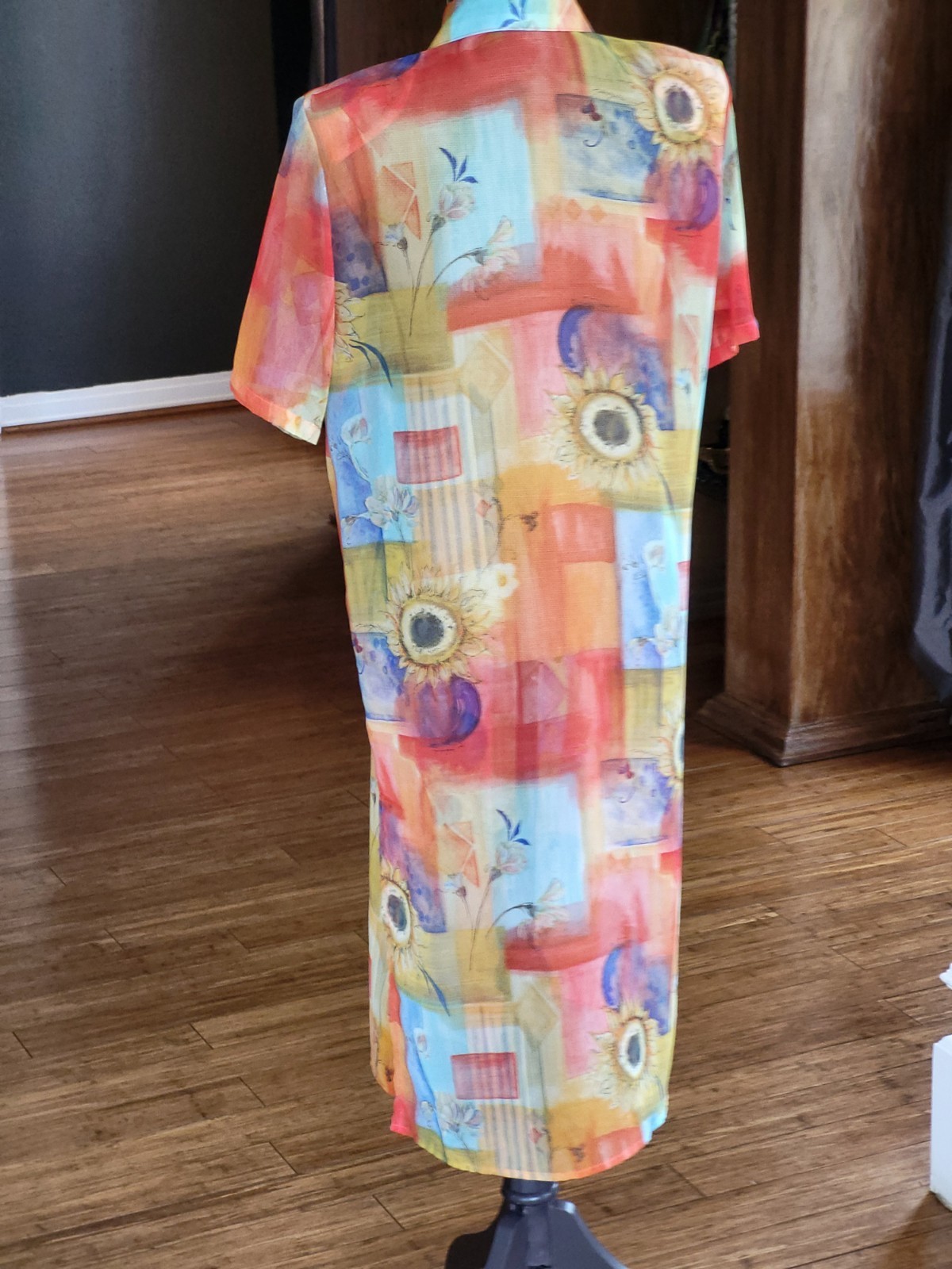 Sea Suns Vtg 80s Sheer Sunflower Themed Maxi Shirt Dress Medium