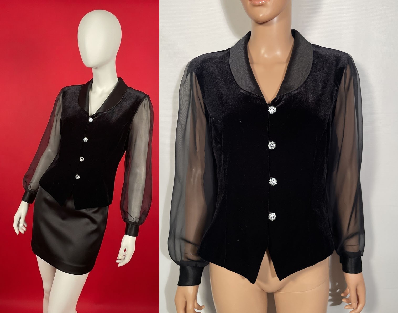 Vintage 1990s Black Velvet Blouse With Sheer Sleeves And Satin Accents Size M