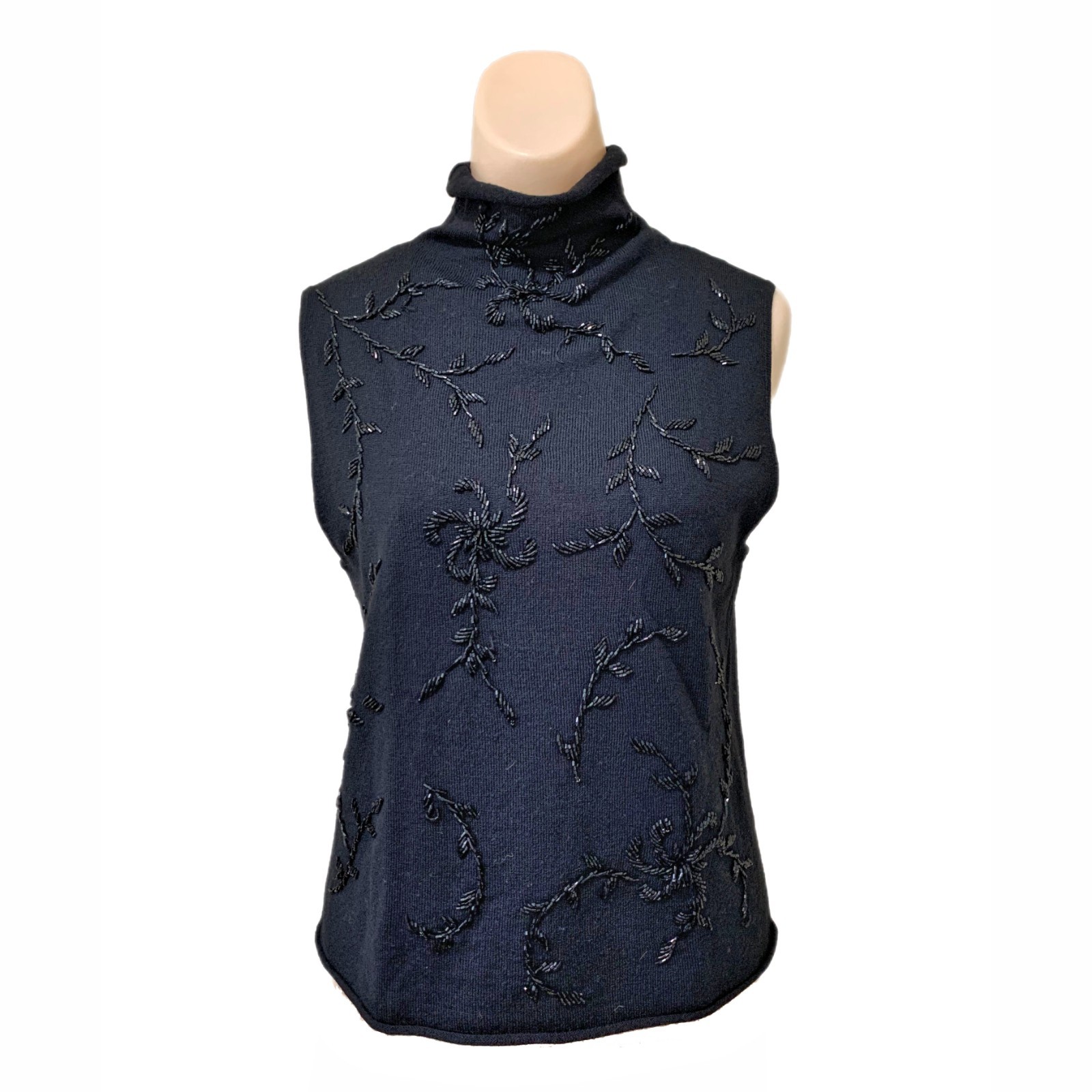 Vintage Womens Beaded Fairy Grunge Turtleneck Top Small Black Made Hong Kong
