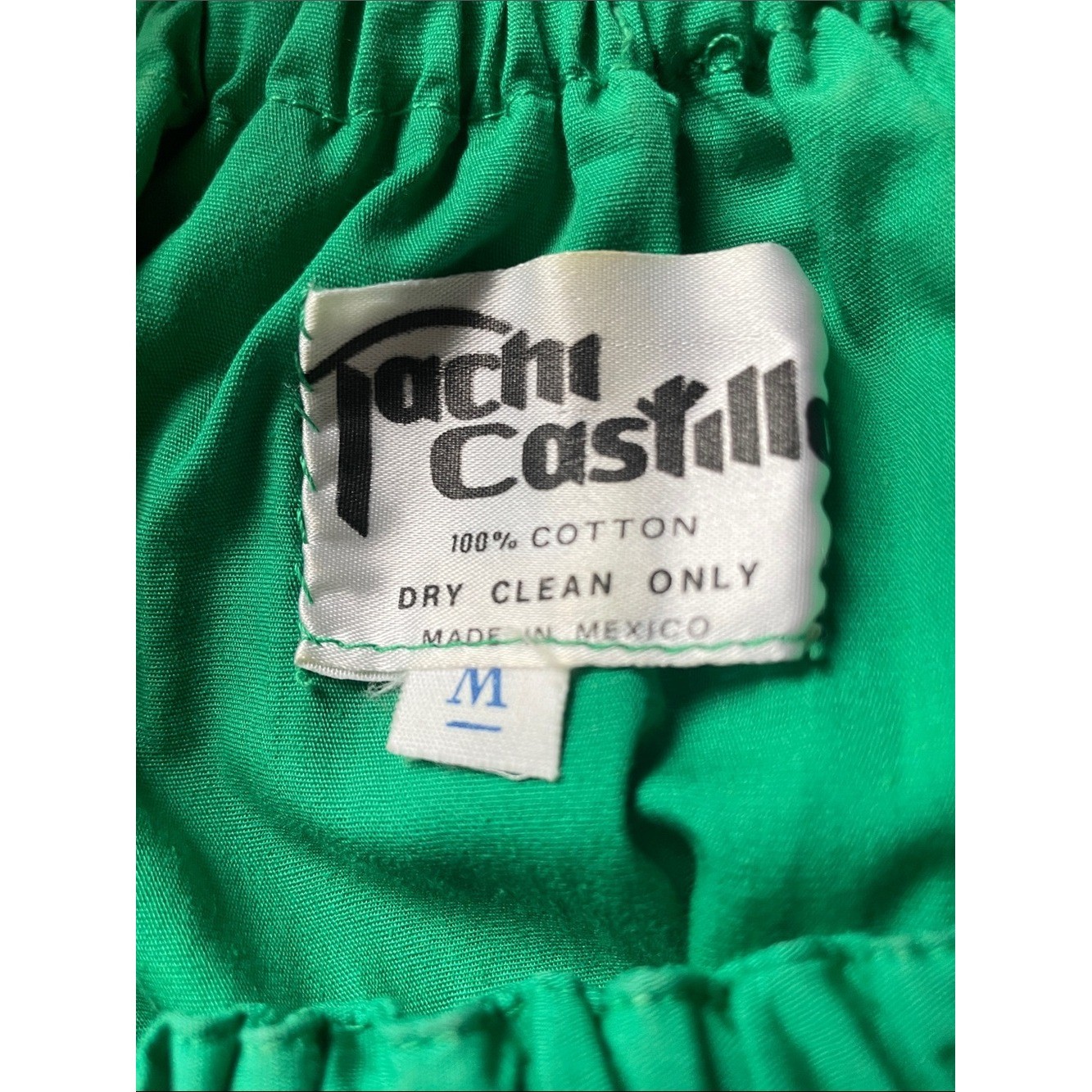 Vintage 70s Tachi Castillo Green Off-Shoulder Peasant Blouse Lace Trim Size M