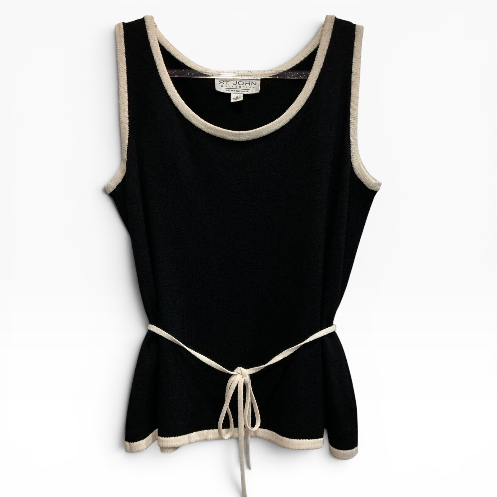 Vintage St. John Santana Knit Tank Sweater Black Ivory Contrast Trim Womens M