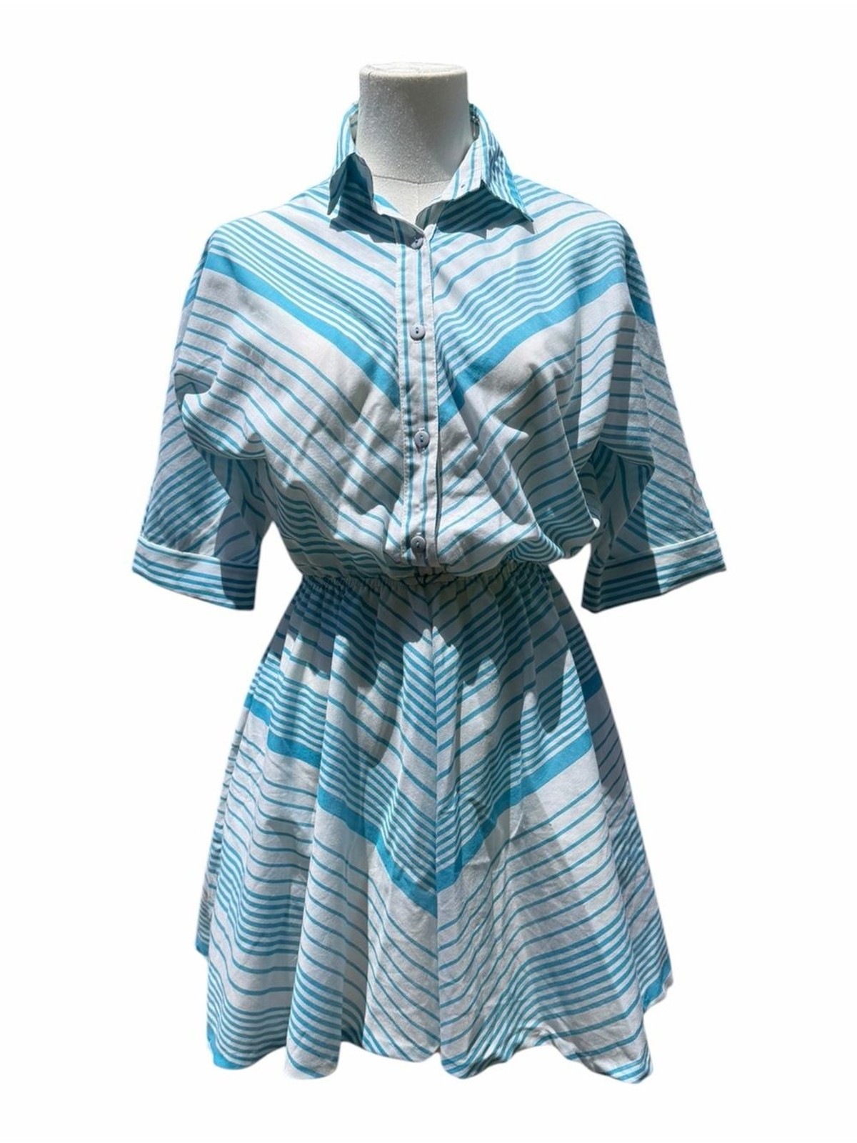 Vintage 1980s The American Shirt Dress Size 5/6 Blue White Striped Fit Flare USA