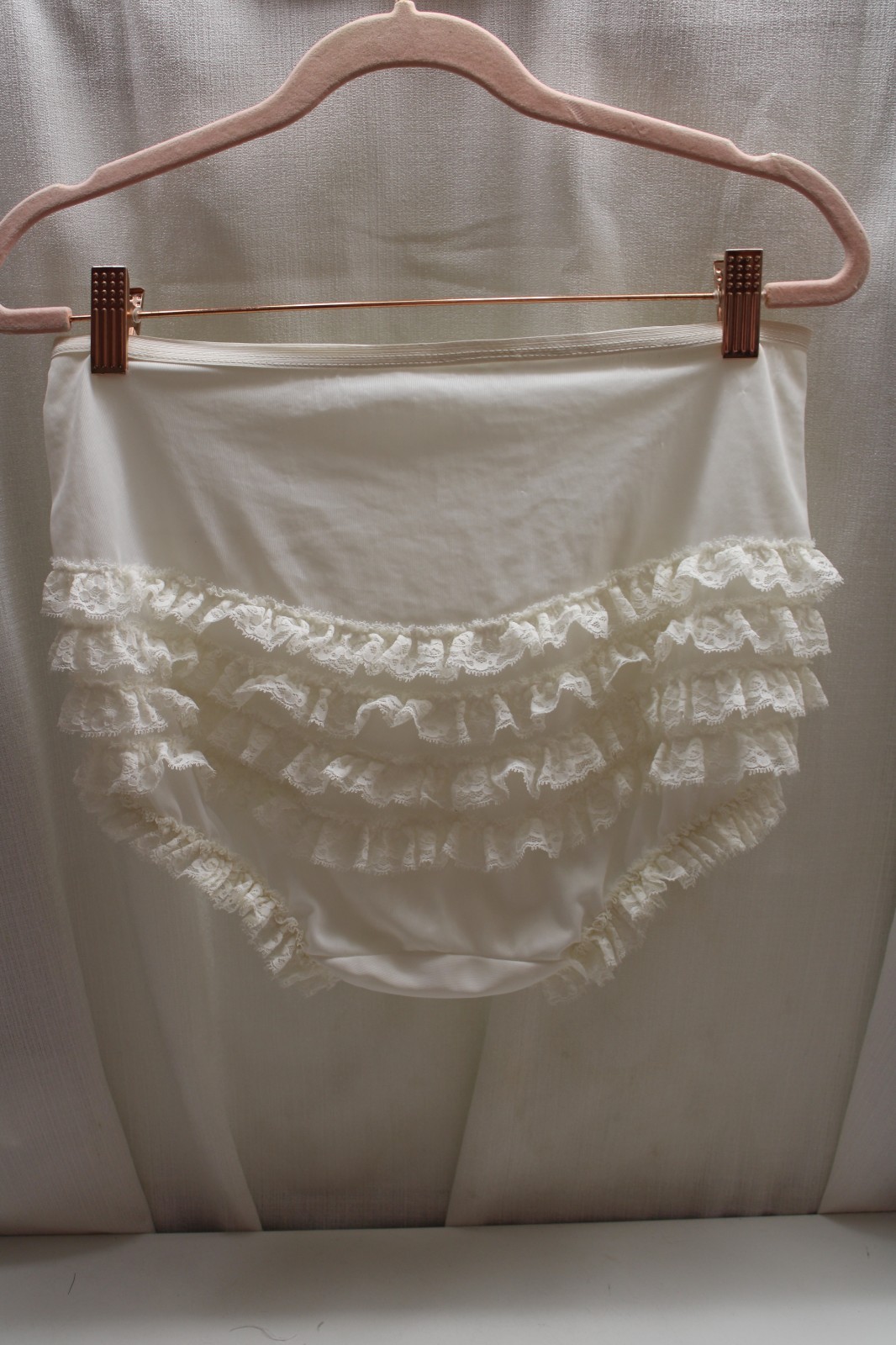 Sissy VtG. Nylon Lace Rhumba/Ruffle Schoolgirl Babydoll Panties White Briefs M