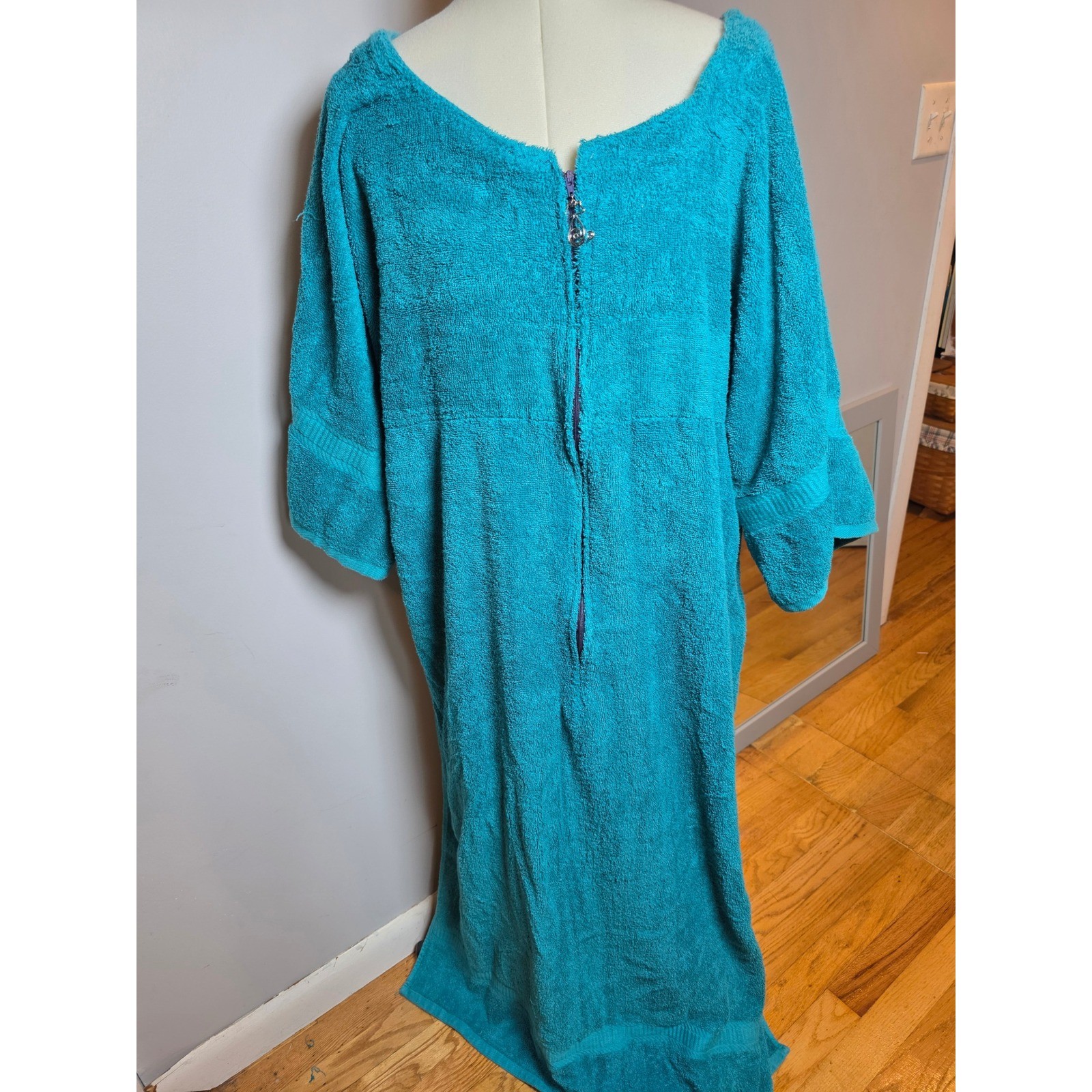 Vintage Teal Terry Cloth Robe Kaftan Zipper Front Loungewear Grannycore Blue