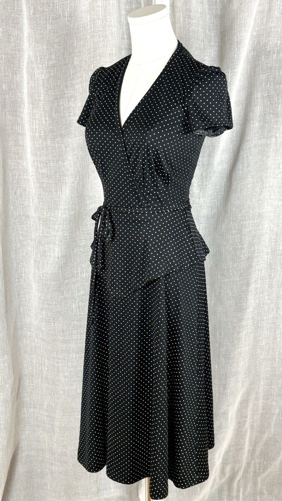 Vintage 70’s Polka Dot Peplum Dress Parisian Chic French Girl Dark Academia Sz S