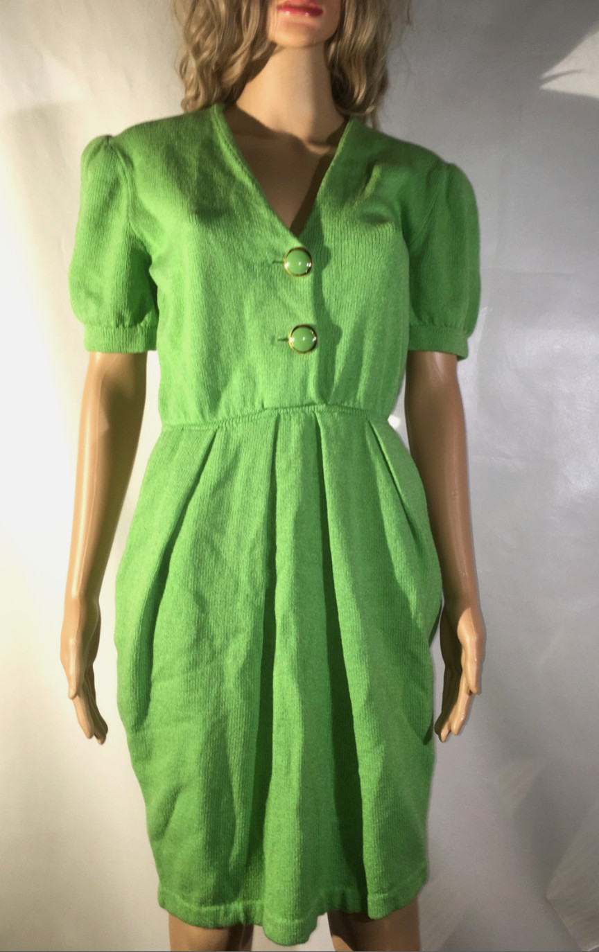 Vintage St. John by Marie Gray Knit Green Dress Puff Sleeves Size 8 1980s V-neck