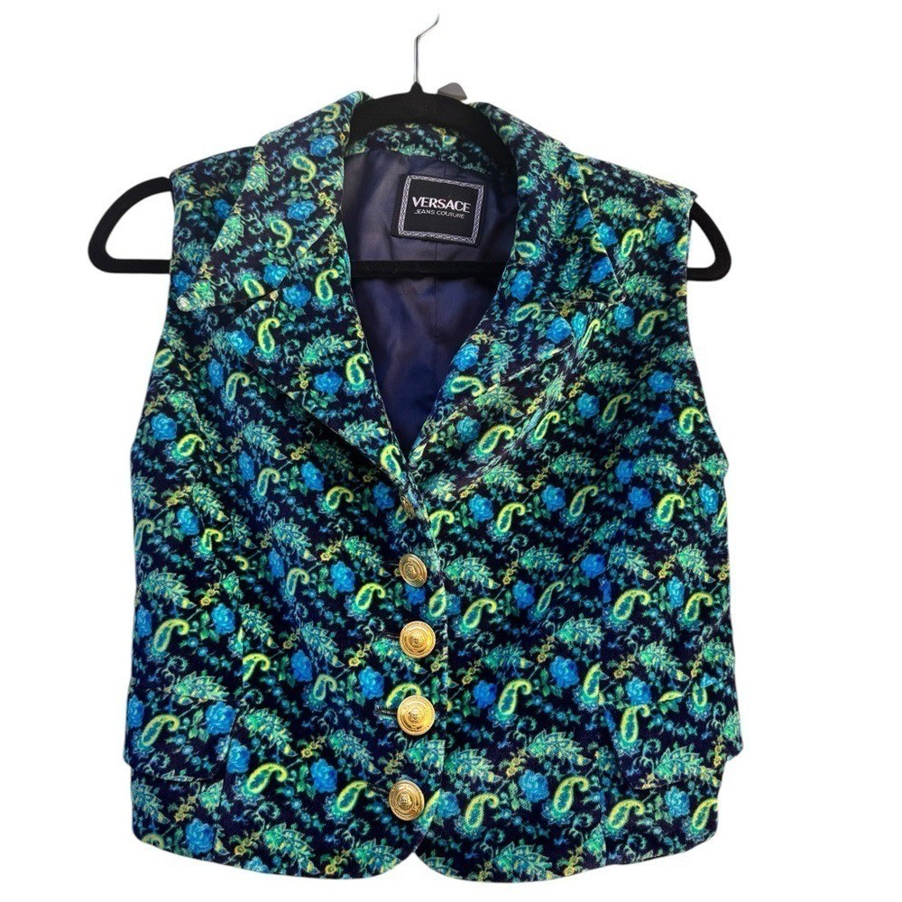 Vintage Versace Jeans Couture Cropped Baroque Paisley Vest Made Italy Rare EUC