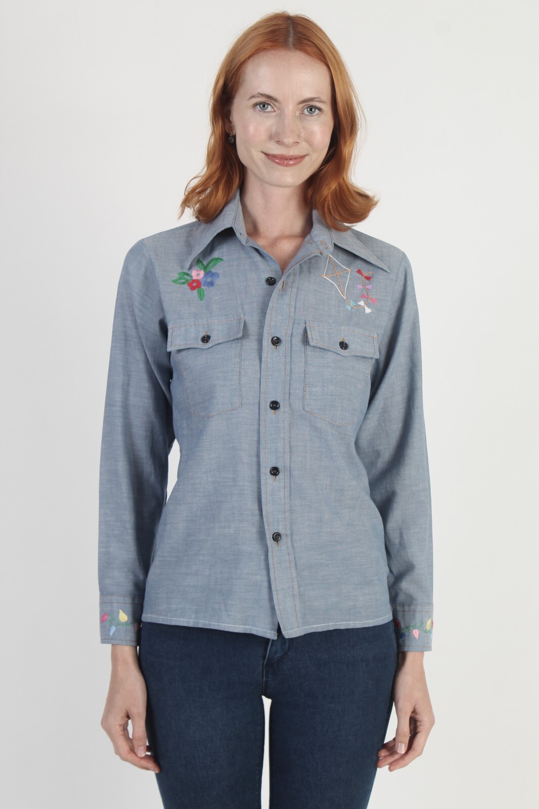 Vtg 70s Wrangler Chambray Shirt Hand Embroidered Hippie Button Up Work Blouse S