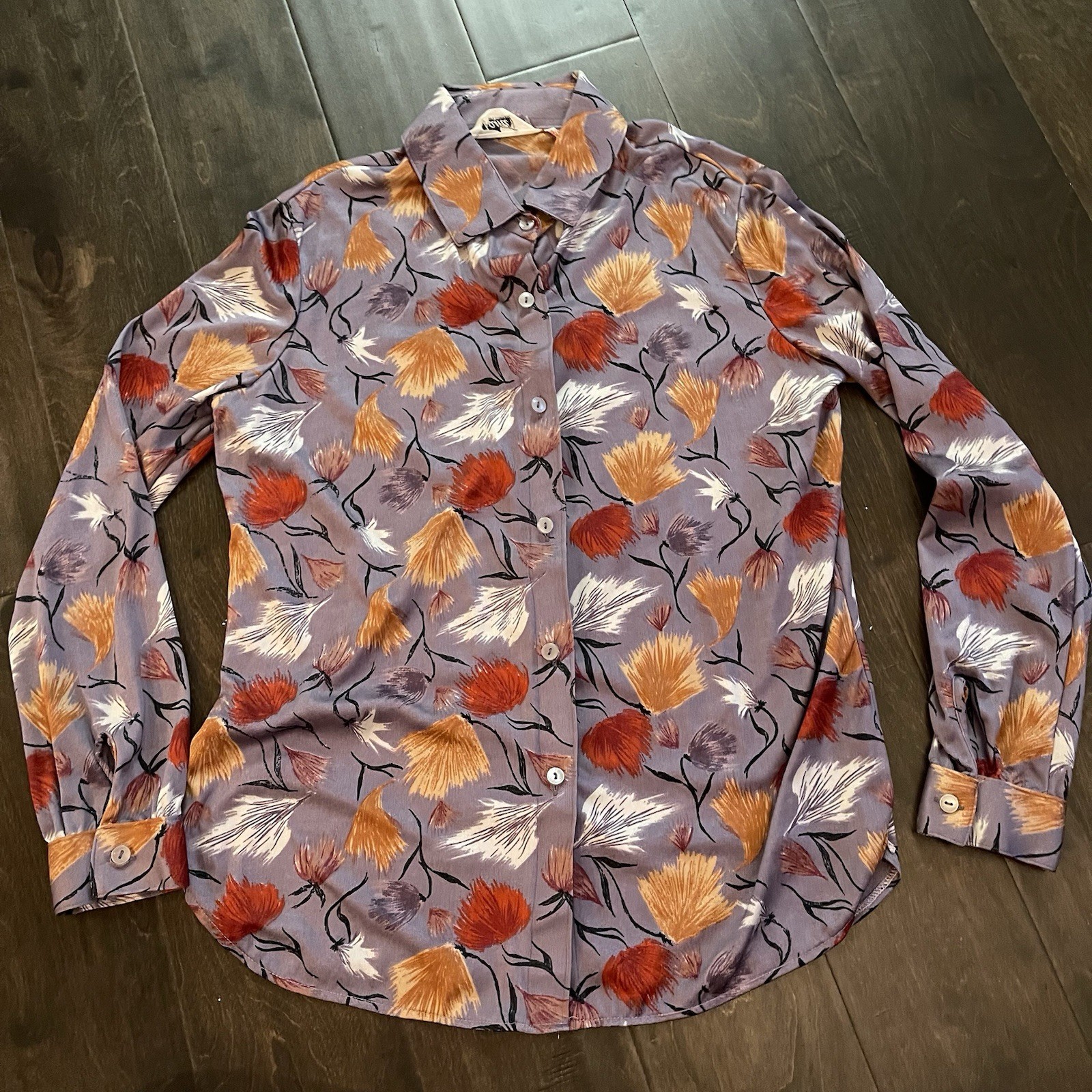 Vintage 1970’s Tami Nylon Shirt Purple Mauve Fall Floral Print Teen Size 11/12