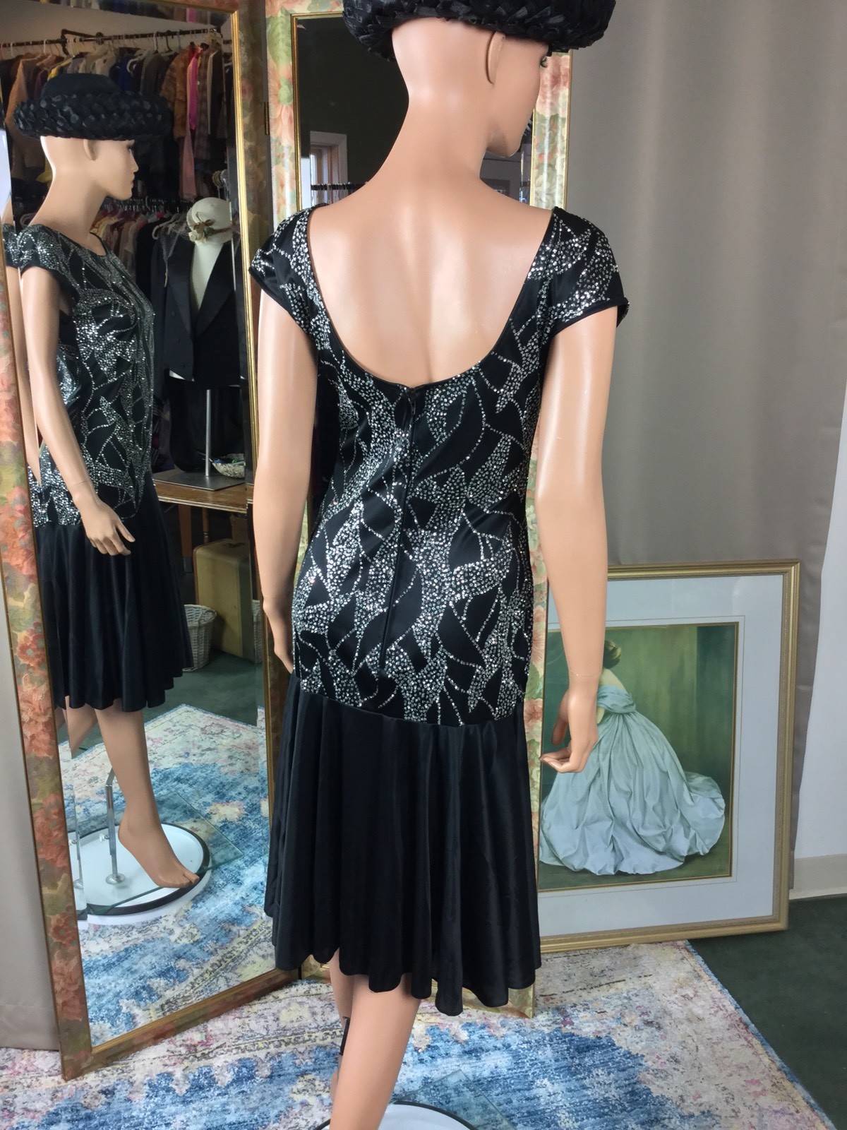 VTG Jodi Lauren Black Drop Waist Low Back Glittered Flapper Style Dress Sz 7/8
