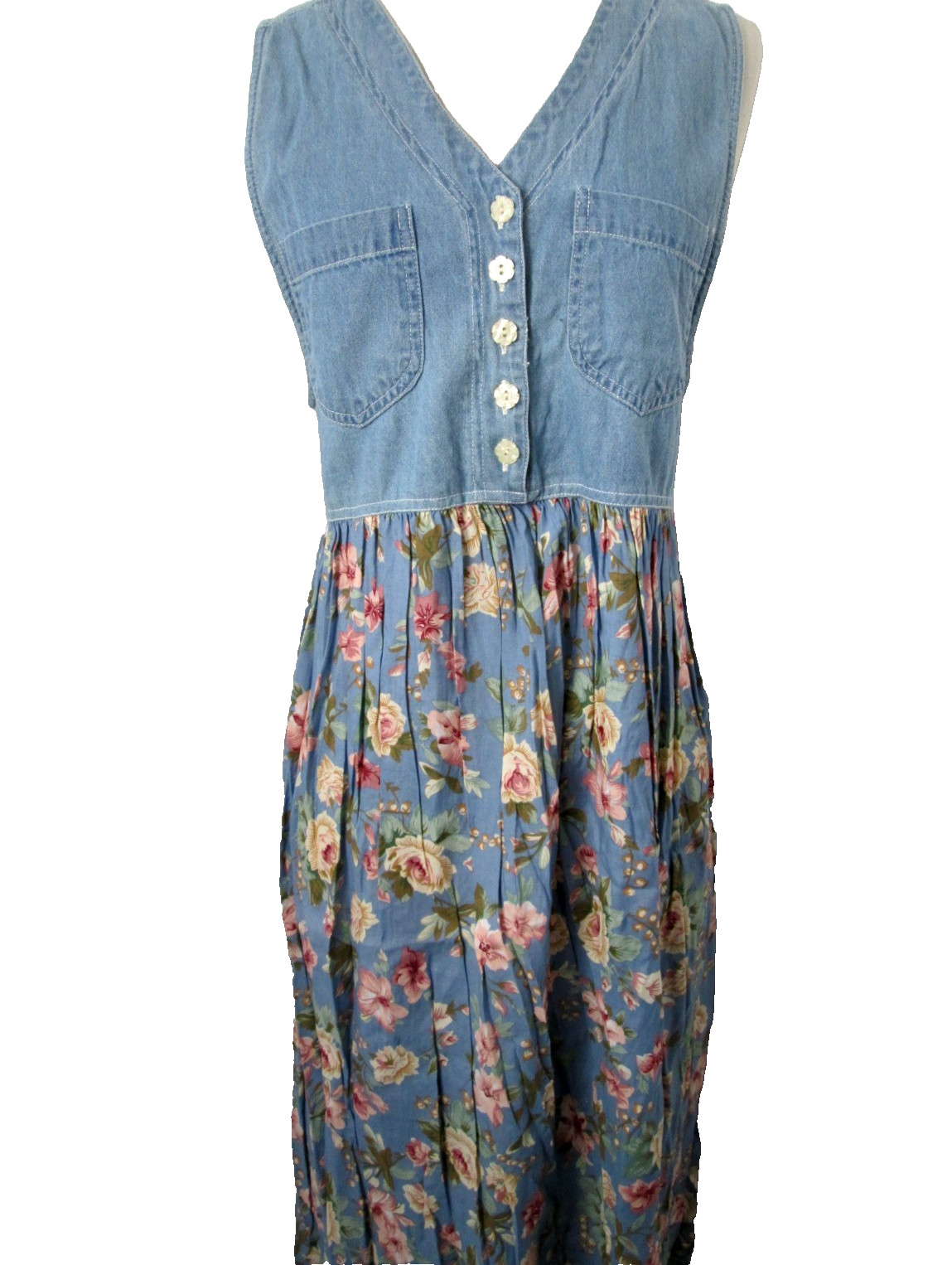 Vintage 80s Cowgirl Prairie Denim Vested Floral Midi Dress Women’s L
