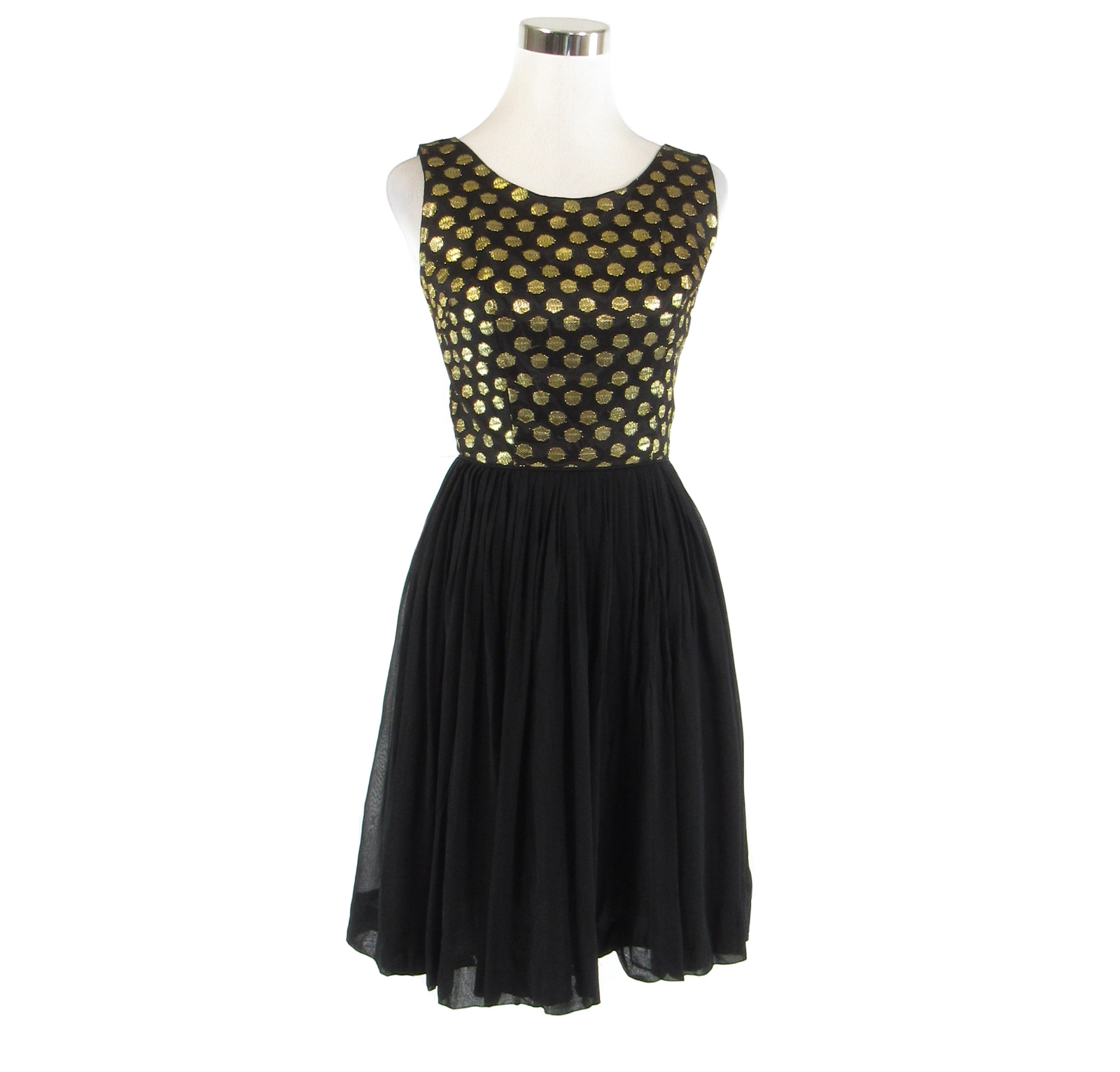 Black gold polka dot sheer overlay shimmery vintage dress 11 XS