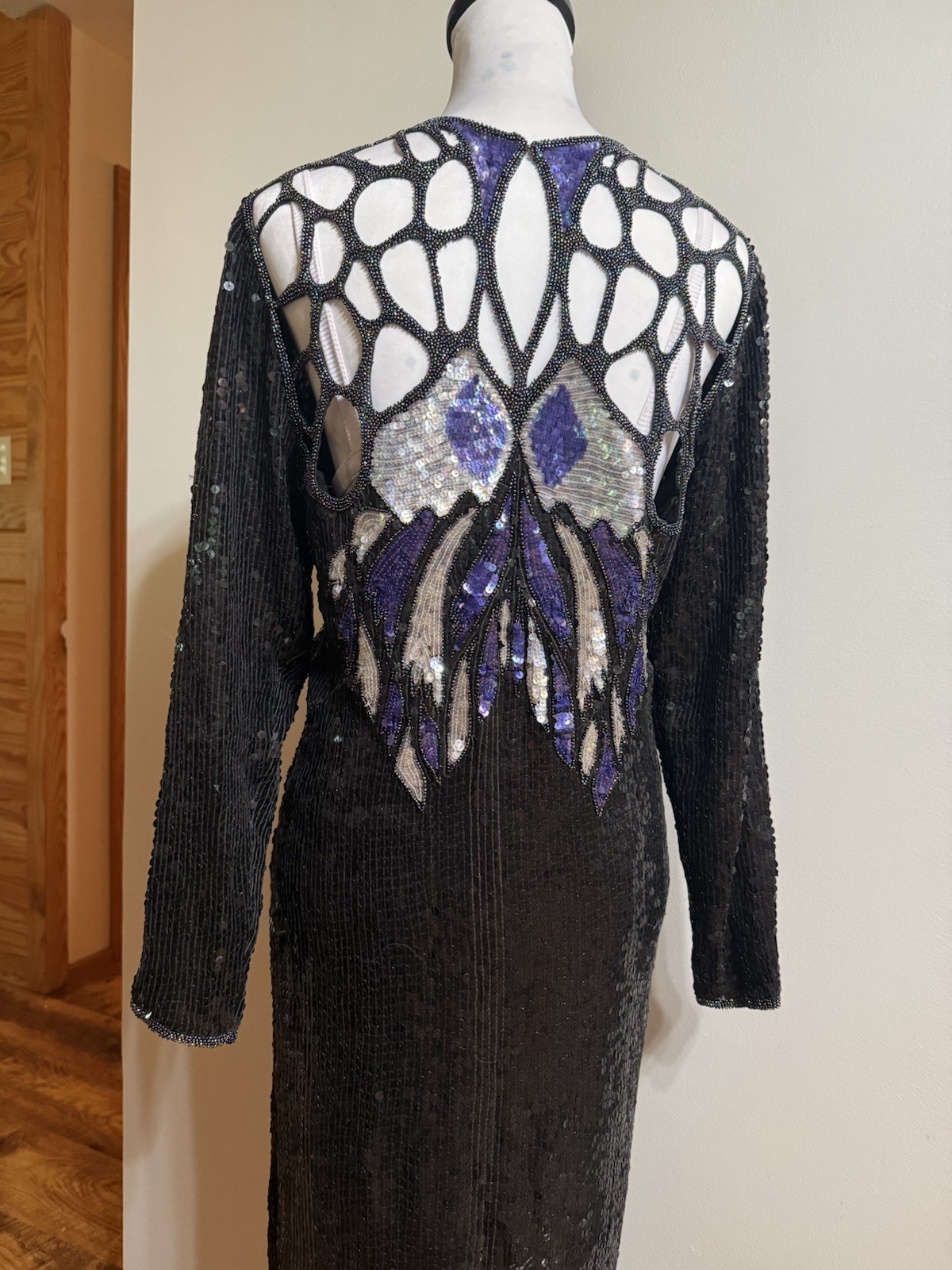 Vintage 1980s HEAVILY Beaded Black Silk Cut Out Butterfly Party Dress Sequins M
