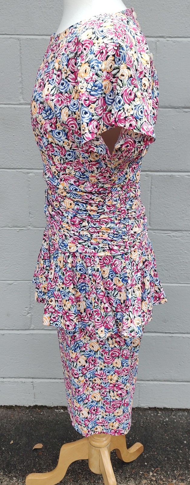 VTG 80s Jane Singer Rayon Floral Dress size 10 Drop Waist Ruffle Peplum USA Made