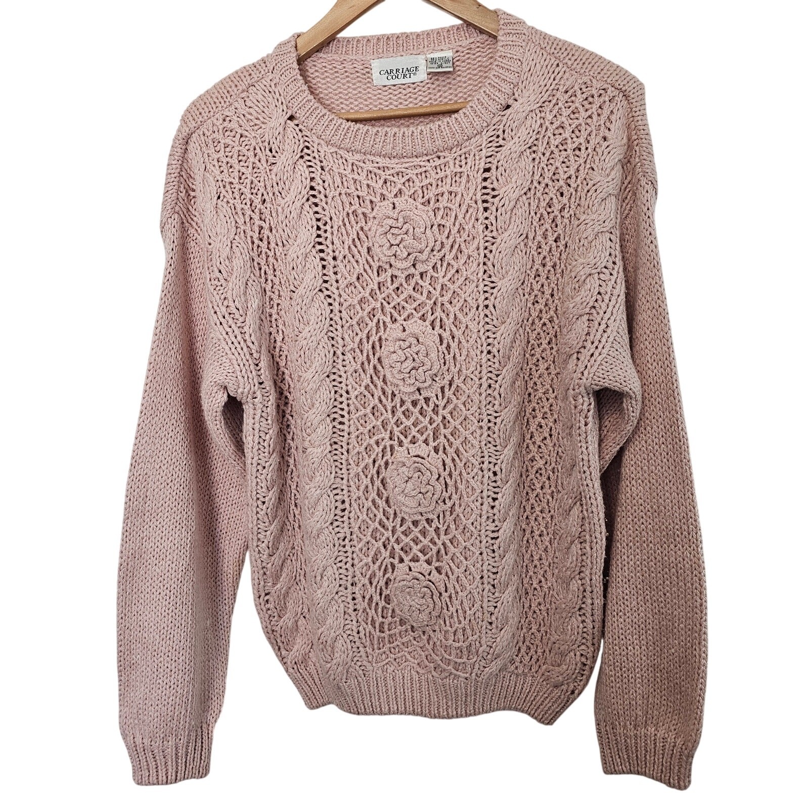 Vtg Carriage Court 80s Sweater Women Medium Pink Knit Coquette Cottage Grandma