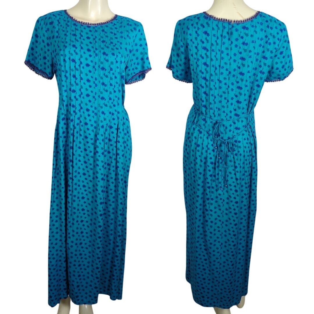 Vintage Sarah Elizabeth Floral Midi double tied modest blue Dress Waist Tie 8