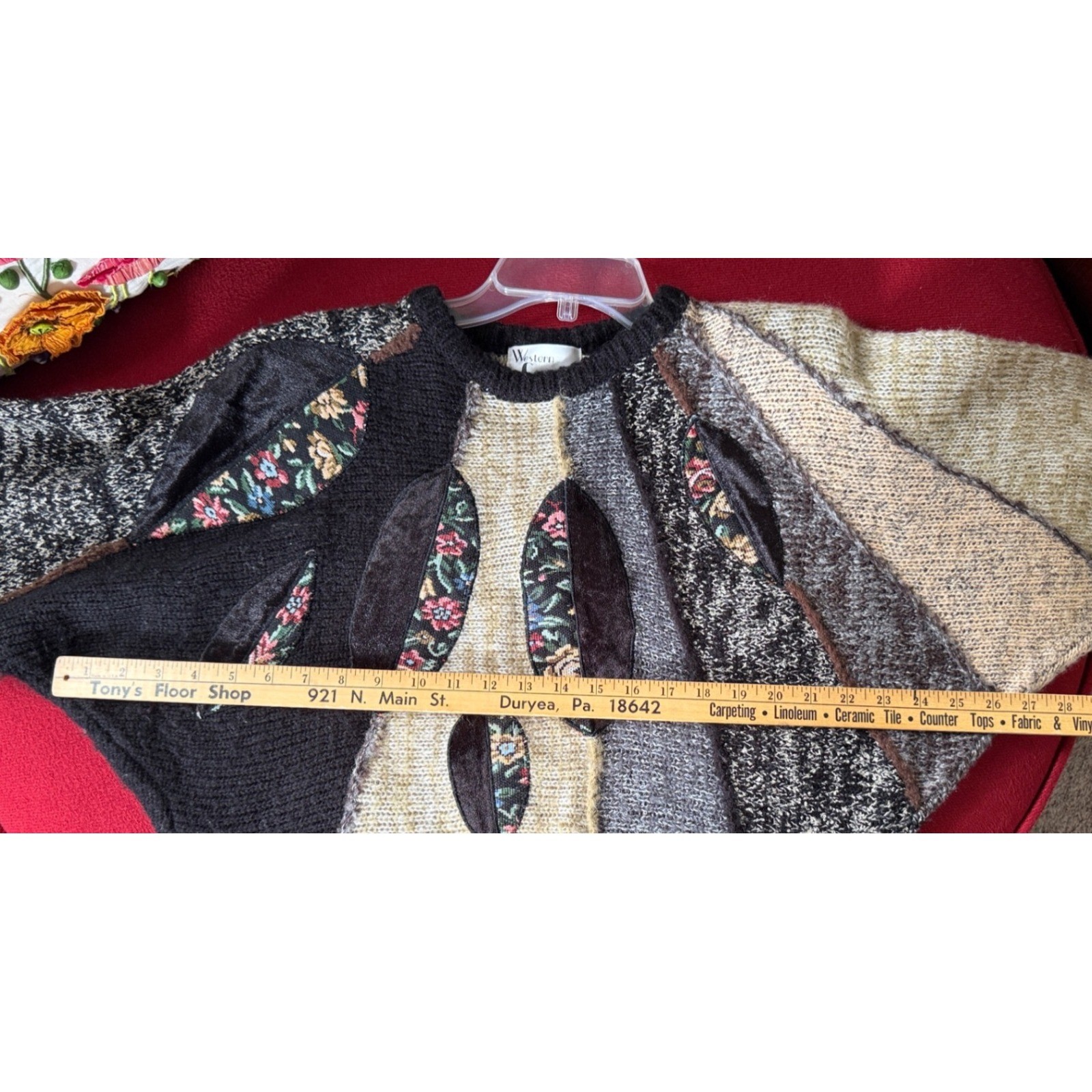 Vintage Tapestry Leaf Patchwork Sweater Women L Black Multi Color Art To Wear