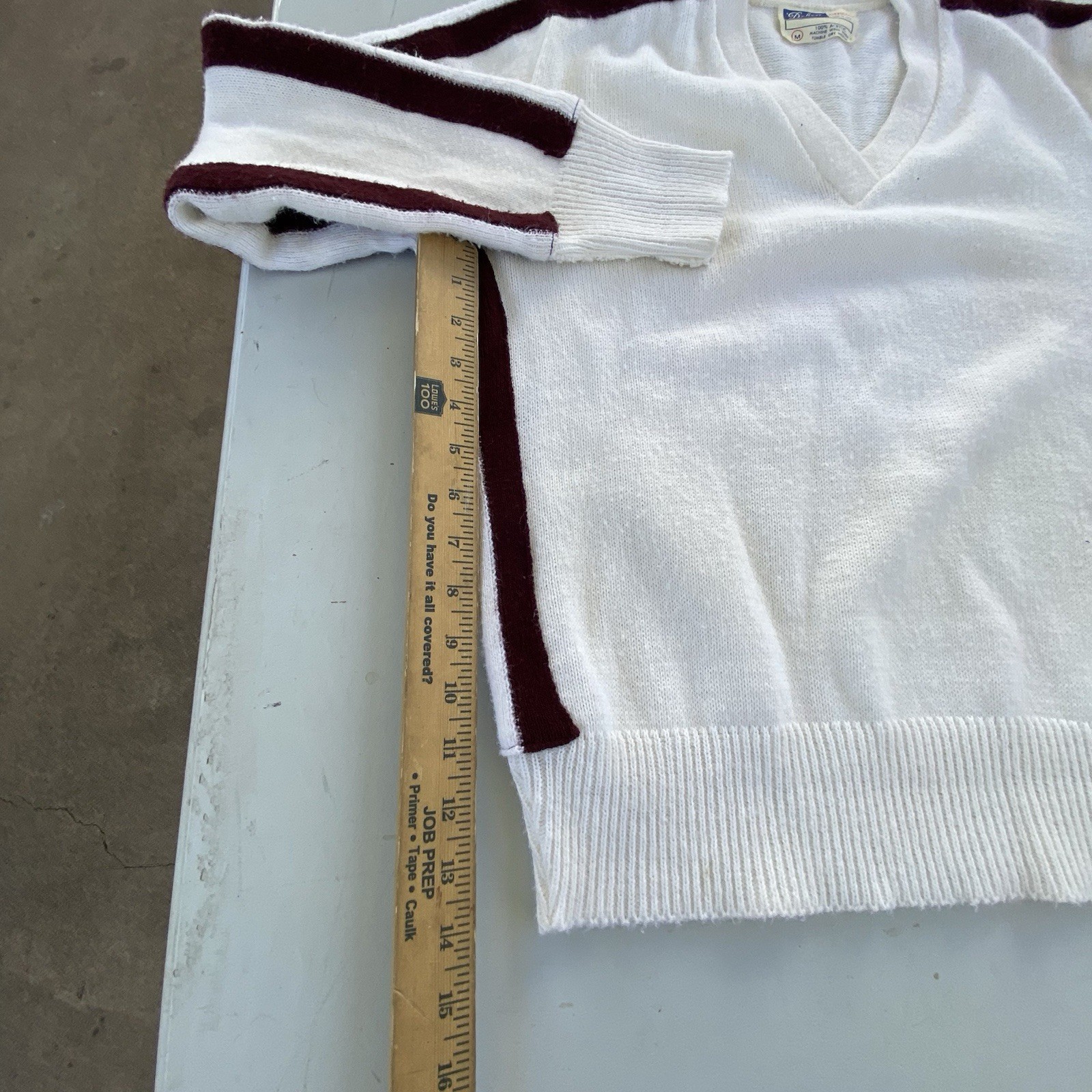 Vintage Ivory Cheer Sweater V-Neck Varsity Brown Stripe Acrylic USA Made Sz M