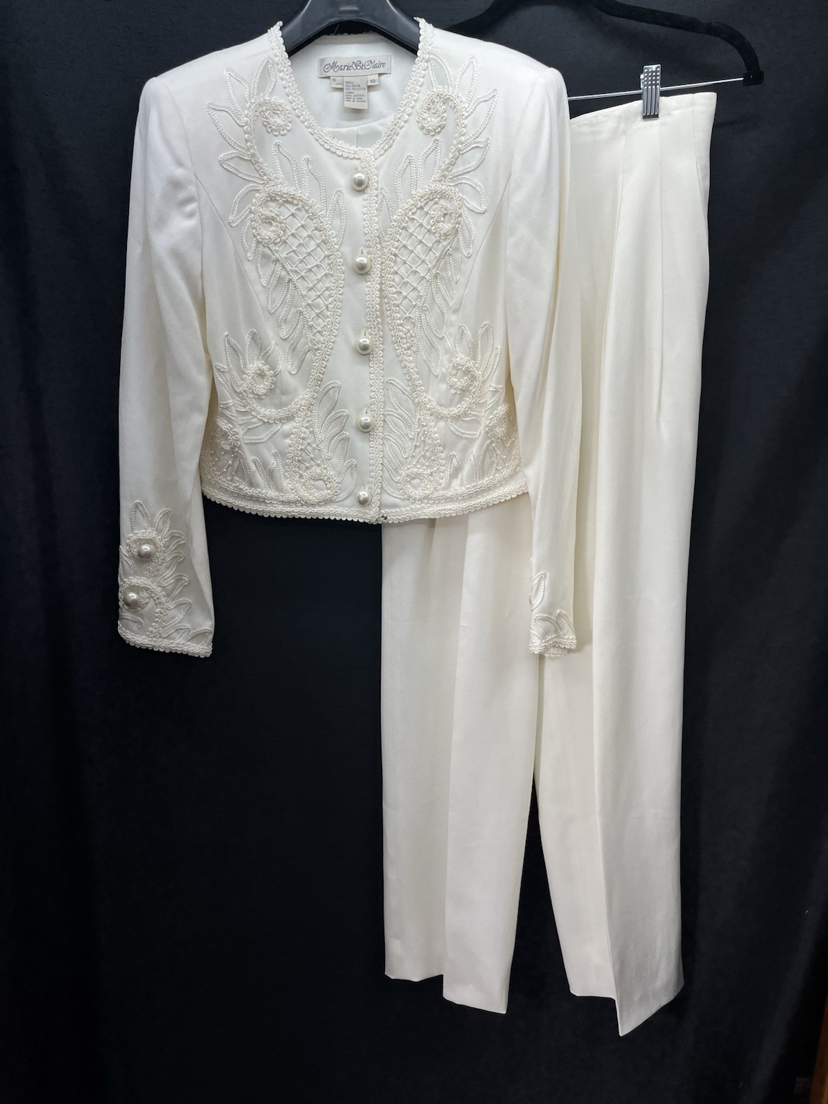 Vintage Marie St Claire Elegant Ivory Pant Suit Soutache Embroidery 10 Pearl