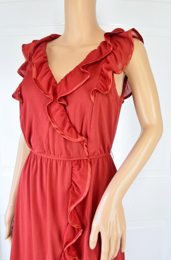 VTG 80s Teeze Me Burnt Orange Mini Sheer Mesh Salsa Flutter Ruffle Deep V Dress