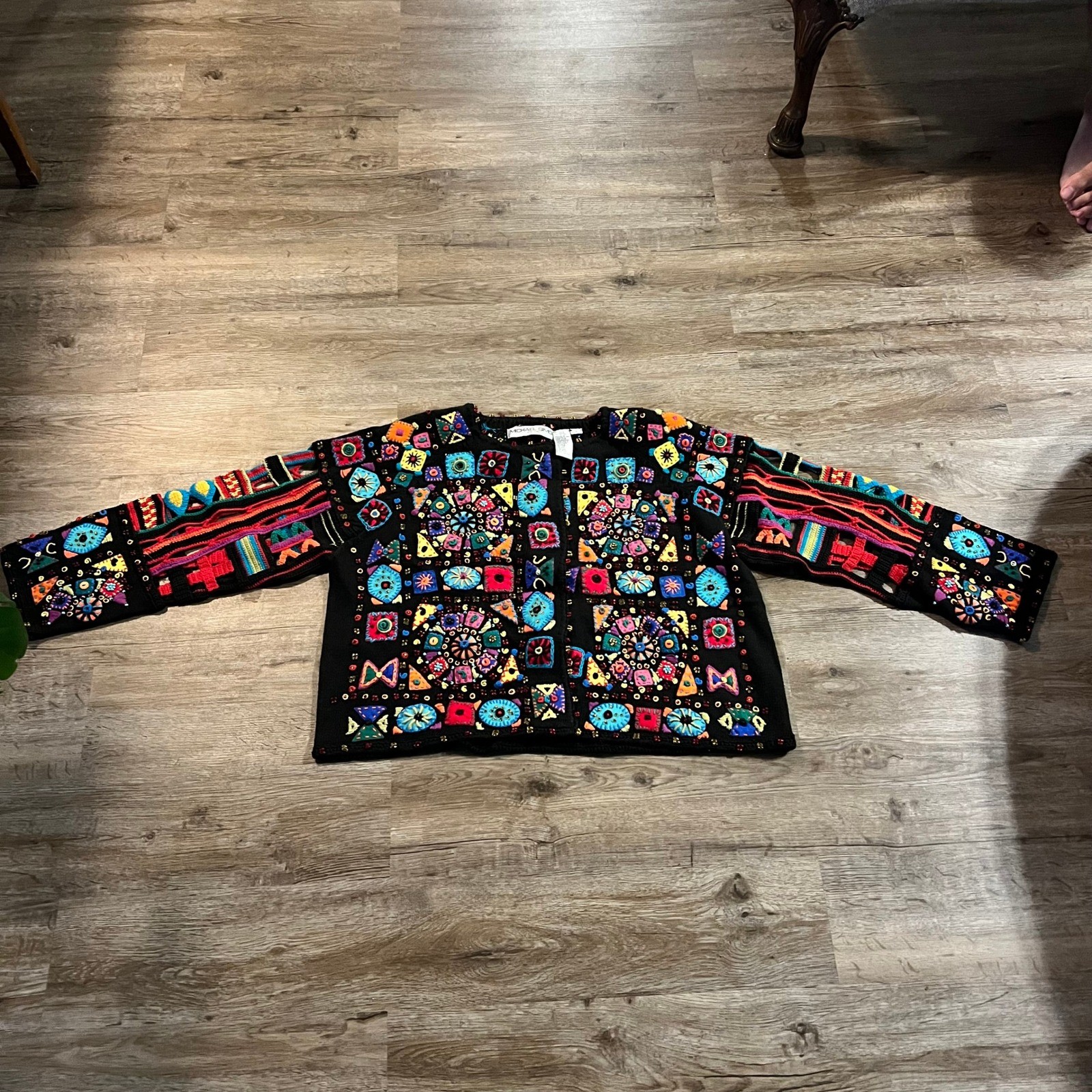 Michael Simon Vntg Beaded Embroidered Cardigan Black Multi Color Art Knit 2