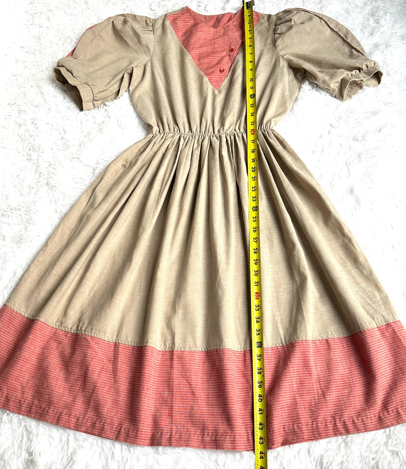 Vintage Impromptu Prairie Cottagecore Peasant Dress Brown Pink Puff Sleeve Women