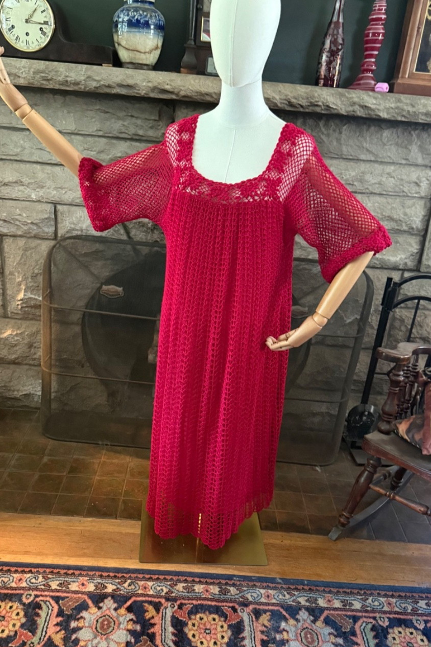 Vintage Loose Fit Red Crocheted Dress Large Bust 42 Thums Up