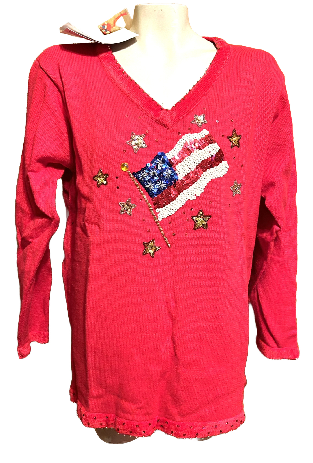 USA Flag Sequin Sweater Quacker Factory L Red New Tags Celebrate Patriotic Stars