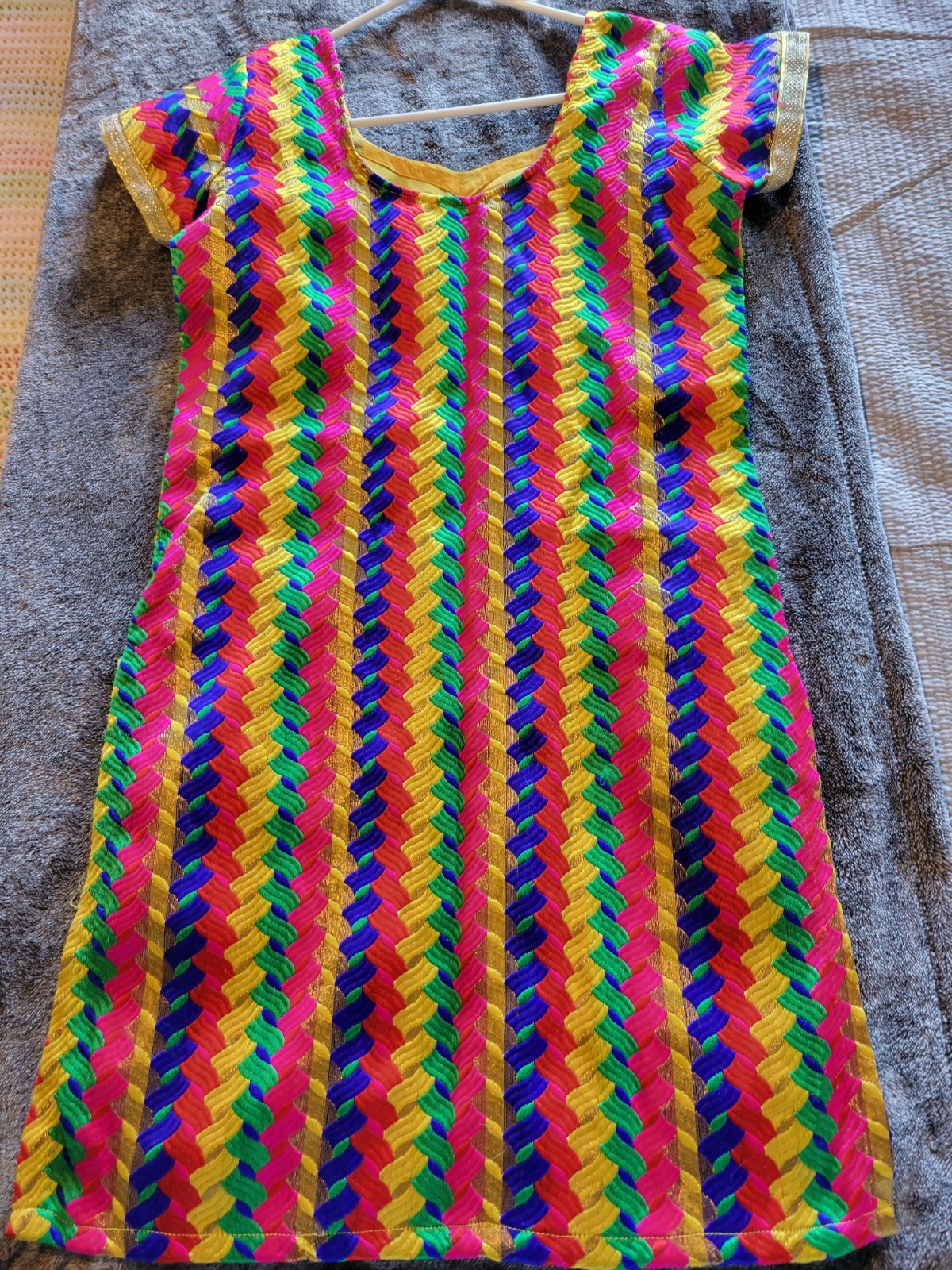 VINTAGE COLORFUL KAFTAN MINI DRESS MULTICOLOR WITH GOLD DETAILS SIZE M