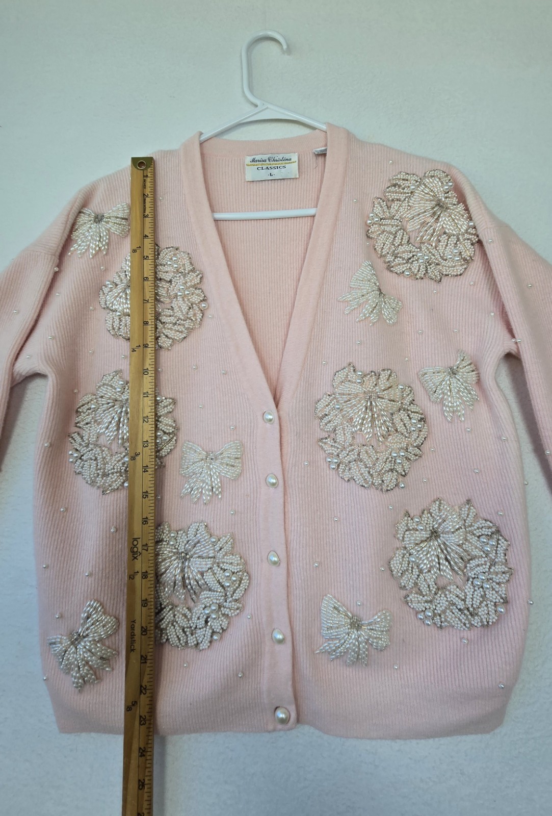Vtg 90s Grandmacore Cardigan Marisa Christina Bead Embroidered Bows Sz L Wool