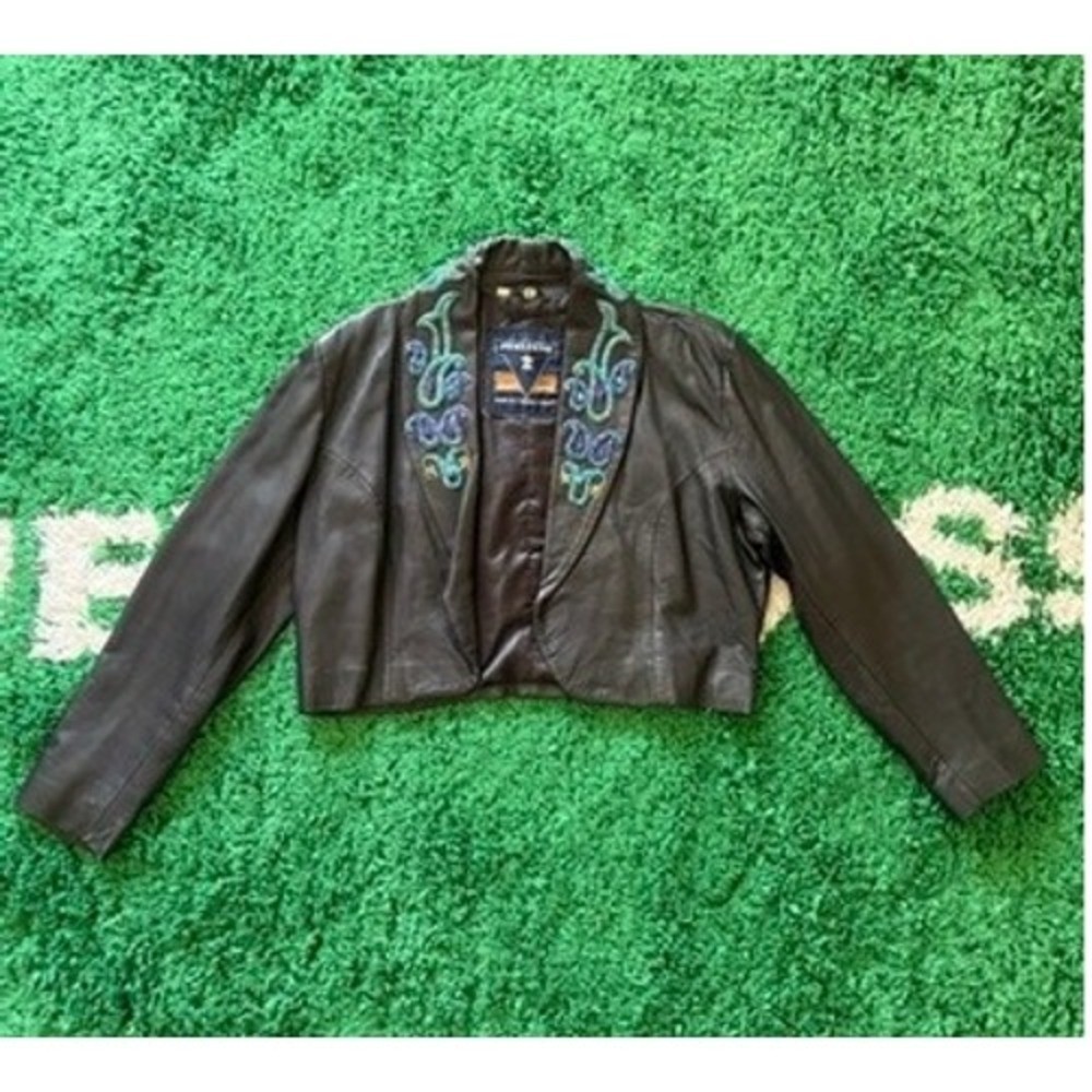VINTAGE Italiano Leather Jacket Womens Embellished Western Bolero