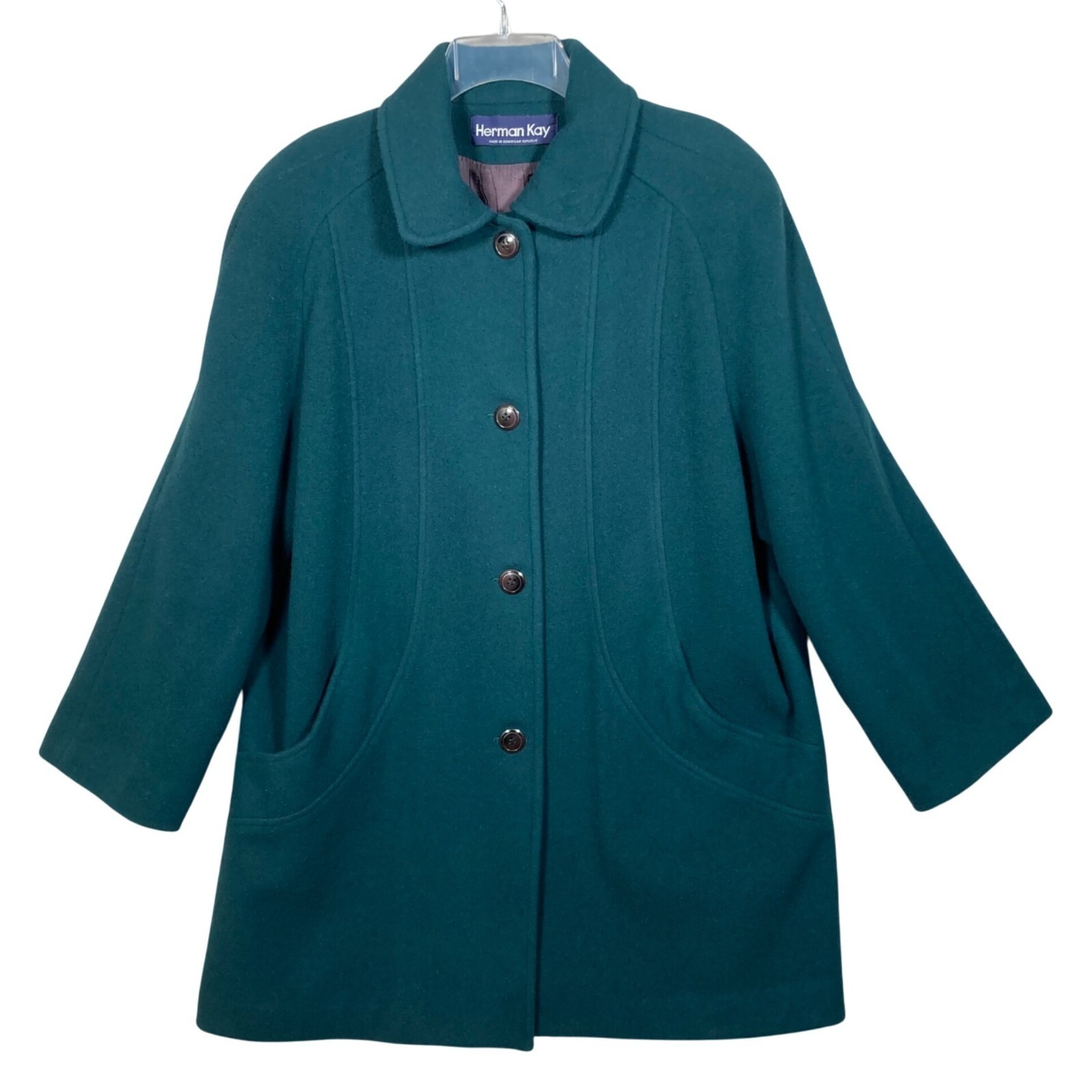 Vintage Herman Kay Womens Dark Green Wool Blend Long Coat Button Pockets Size 16