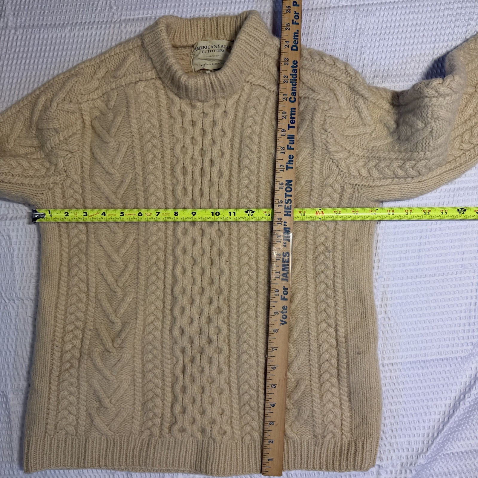 VTG American Eagle Beige 100% Wool Cable Knit Fisherman Sweater Handknit Size M