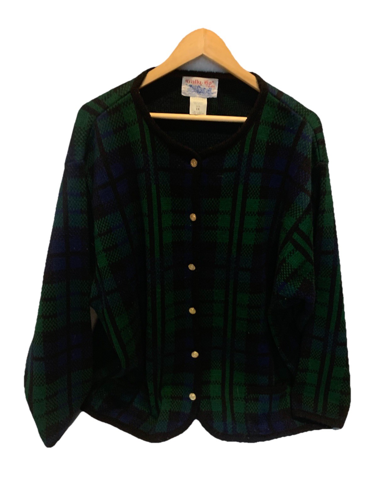 Vtg Tally Ho Green and Blue Plaid Women’s Cardigan Button Up Sweater Size 3X