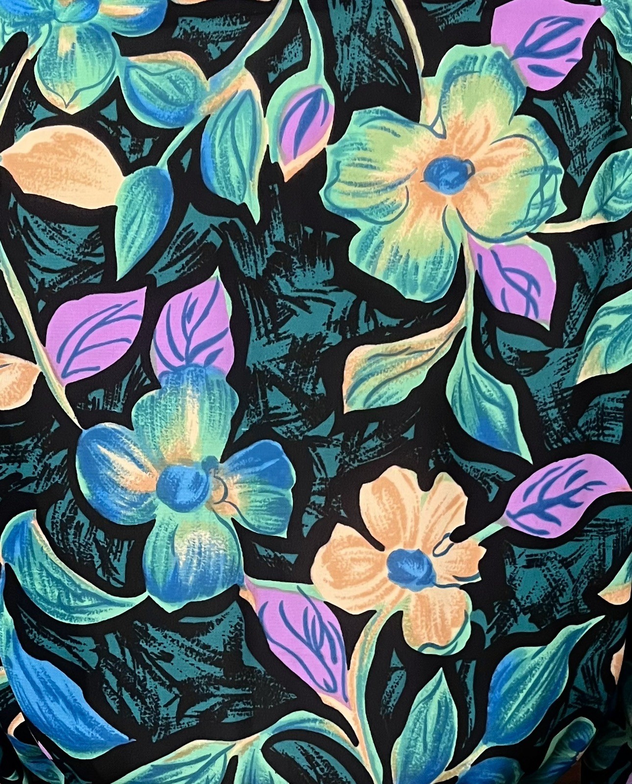 1980s Vintage Black Purple Orange Green Floral 3/4 Sleeve V-Neck Pleated Dress