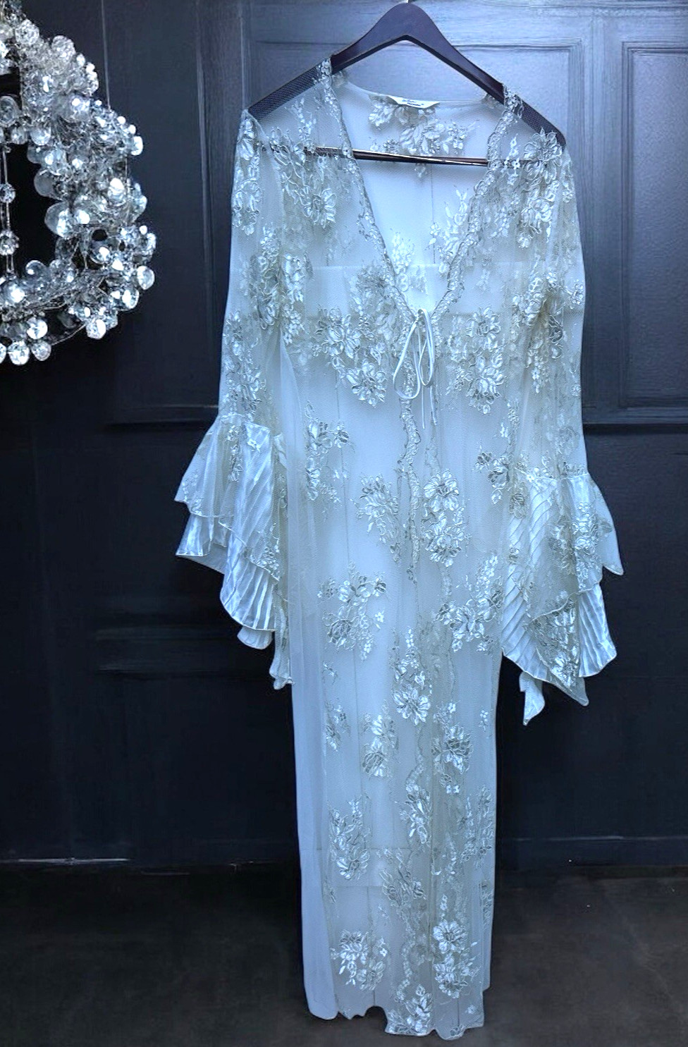 NAYOMI Embroidered Lace Bell Sleeve Robe Satin Slip Whimsy Fairy Coquette