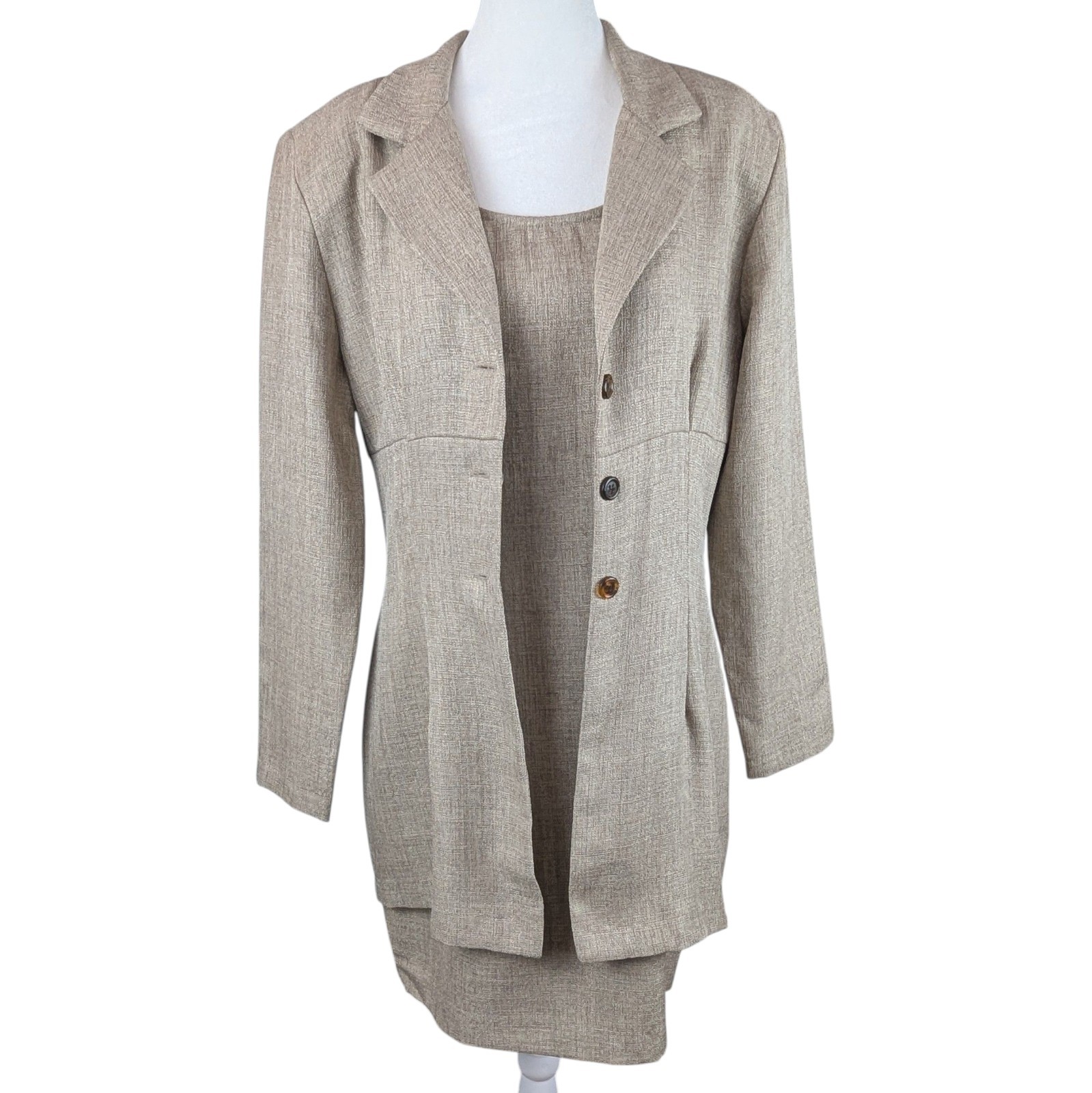 Vintage My Michelle Sleeveless Dress Long Jacket Set Jr Sz 13/14 Tan Timeless