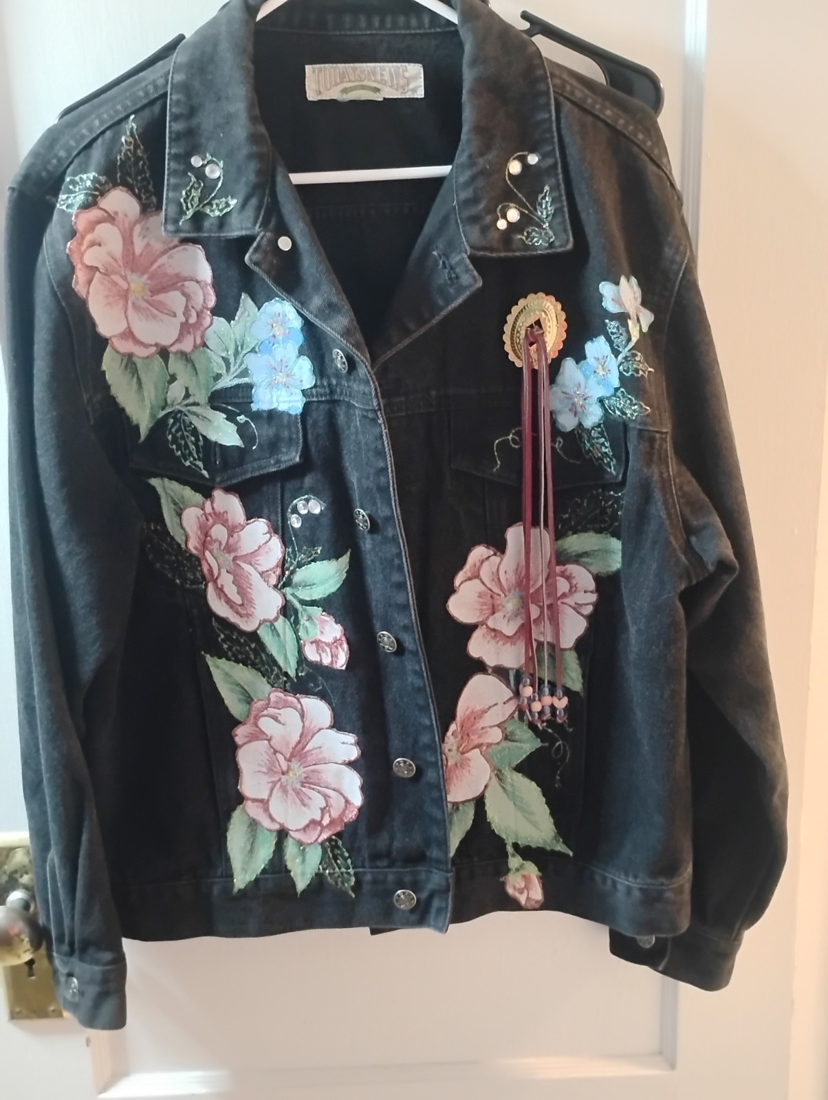 Vintage 80s Todays News Black Denim Jacket Embroidered Floral Rhinestone Concho