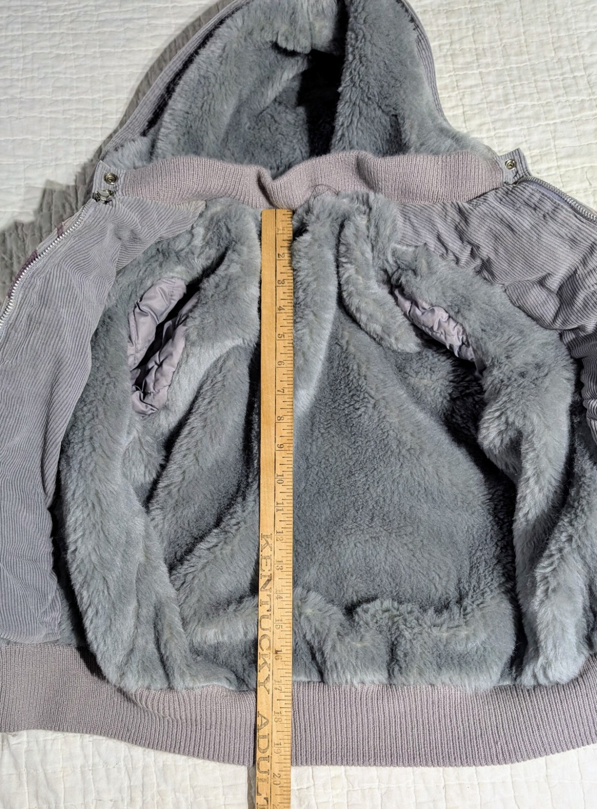 Vintage Mod Maid Coat 60s 70s Women’s SMALL Gray Corduroy Purple Trim Hooded