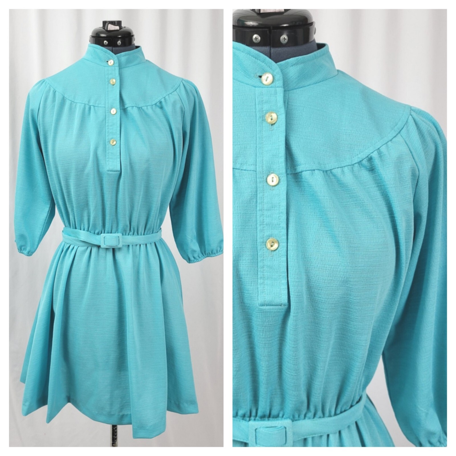 Vtg Ms Sugar Turquoise Dress w Elastic Waist/Rounded Yoke/Raglan Sleeves M/L?